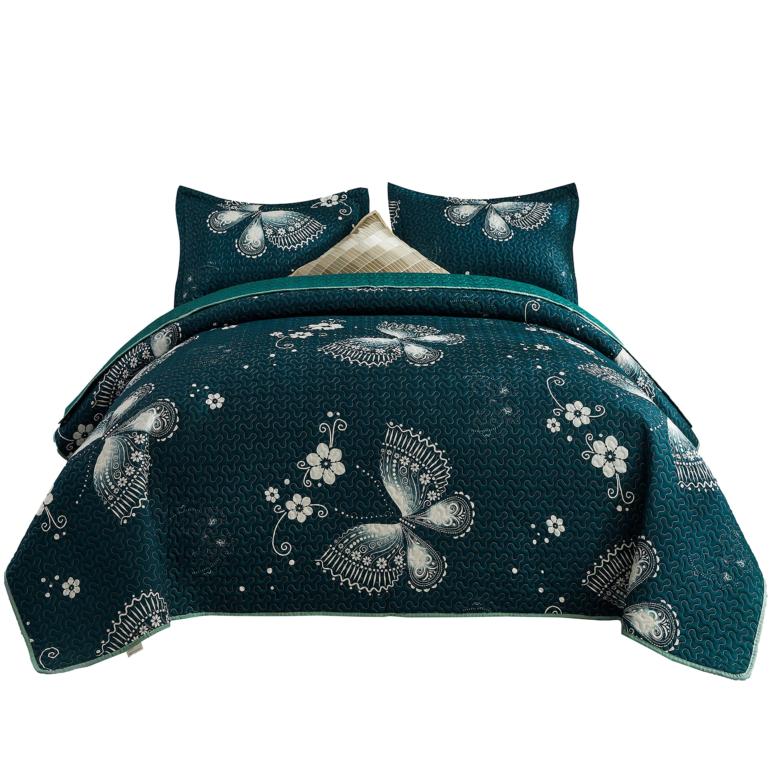 3 Piece Quilt Set - Butterfly Pattern Soft Microfiber Lightweight Bedspread - All Season Comforter Set for Queen Size Bed - Dark Green - Perfect for Summer Bedding & Guest Room Decor