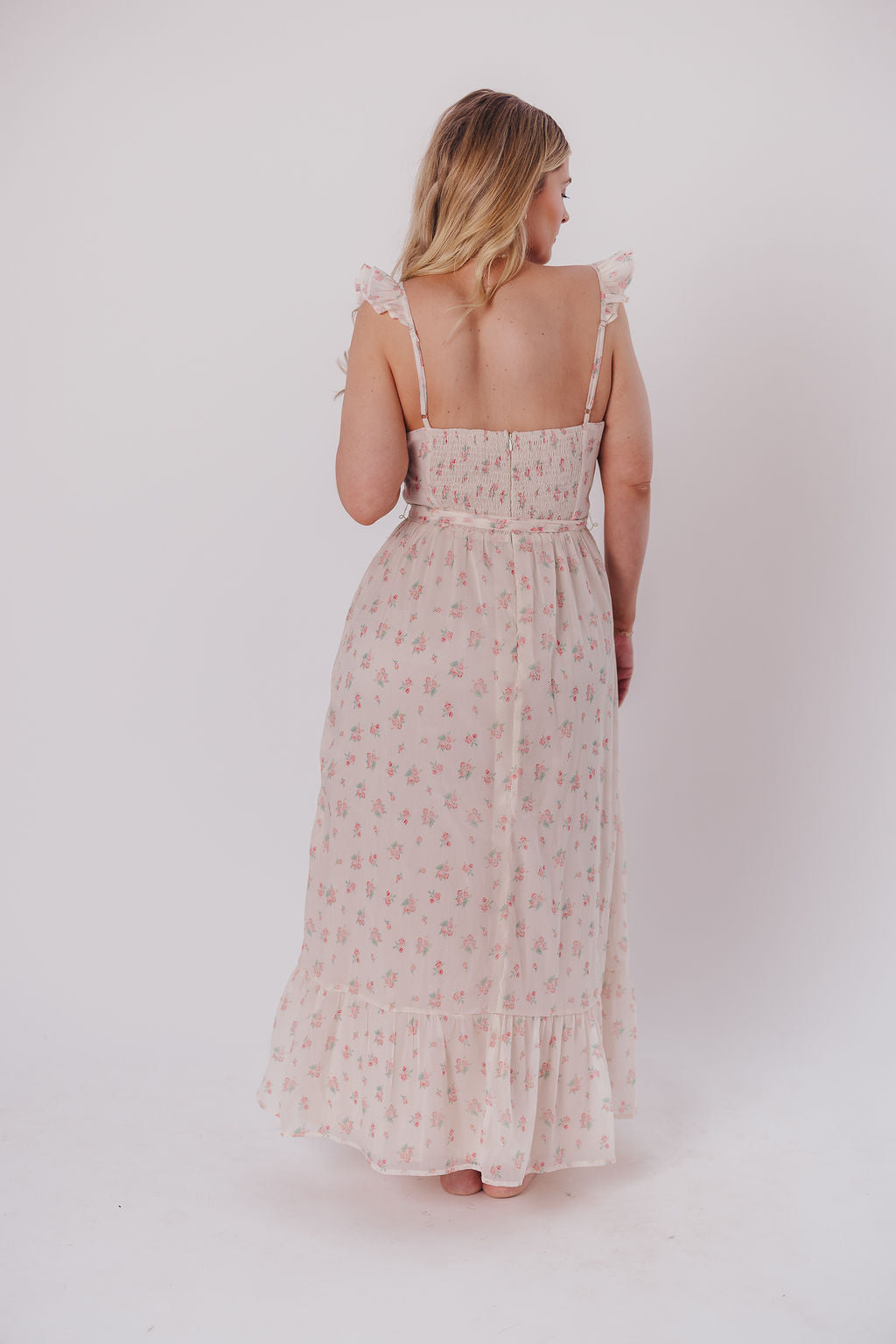 Rosamund Bustier Style Maxi Dress - Blush Pink Floral Print, Plus Size (S-3XL) | Elegant Wedding Guest, Summer Party & Formal Occasion Outfit