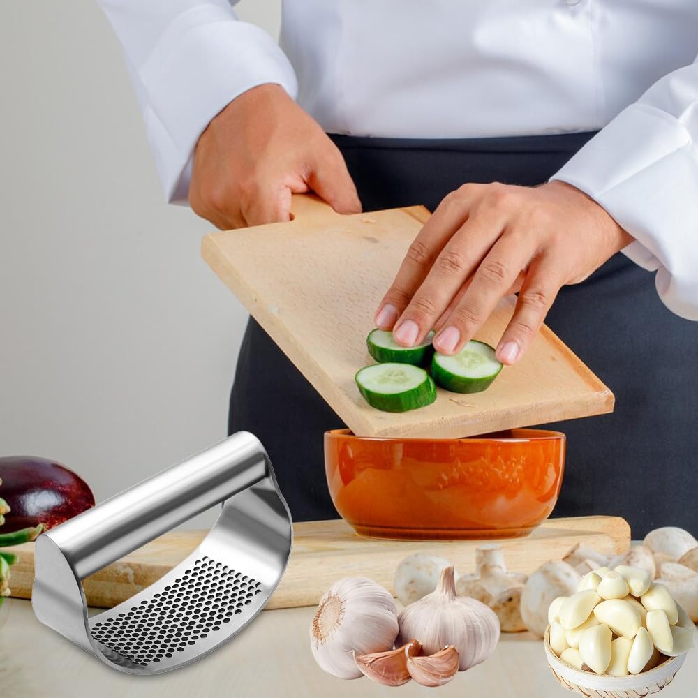 2024 Stainless Steel Garlic Press - Rocker Mincer with Peeler & Brush for Easy Kitchen Prep