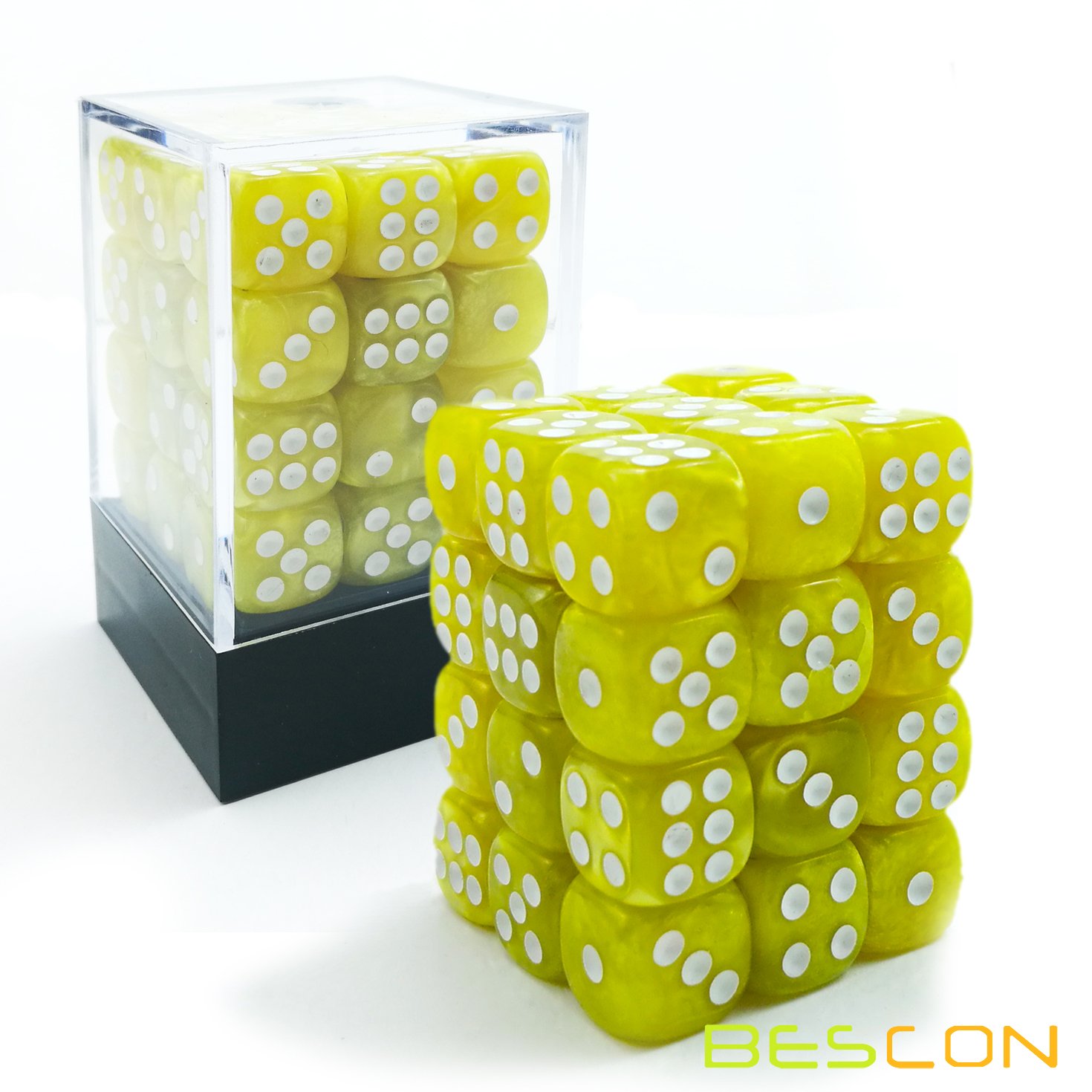 Bescon 12mm Six-Sided Dice Set - 36 Marble Yellow D6 Dice in Brick Storage Box | Perfect for Board Games, RPGs, Math Education & Casino Night