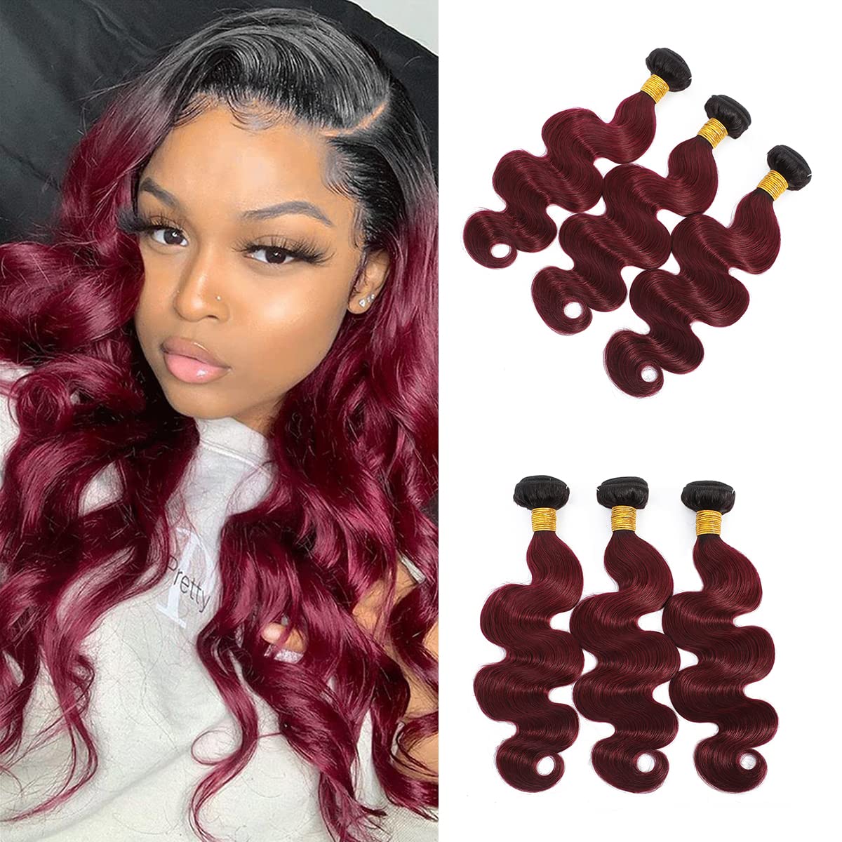 Ombre Bundles Human Hair 3 Pieces 300 Gram - 100% Brazilian Human Hair Extensions (1B Burgundy Body Wave) - 10A Soft Weave Bundles 16 18 20 Inch for Stunning Hairstyles - Perfect for Parties, Weddings & Everyday Glam