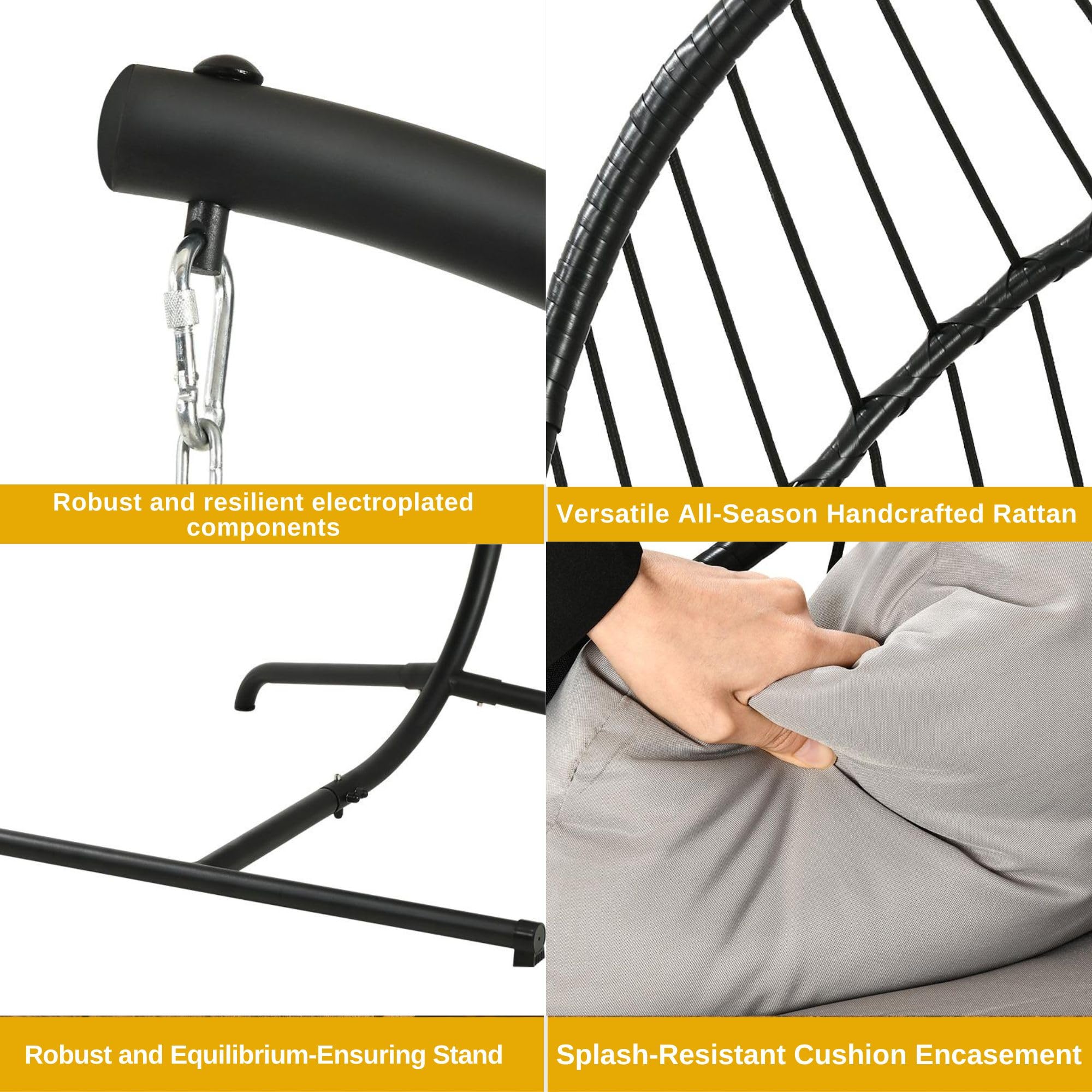 DWVO Foldable Wicker Egg Swing Chair 450lbs Capacity - Hanging Hammock with Cushions & Stand, Indoor/Outdoor Patio Swing Chair for Bedroom, Garden, Balcony (Grey) - Perfect for Relaxing, Reading & Lounging in Your Backyard or Sunroom