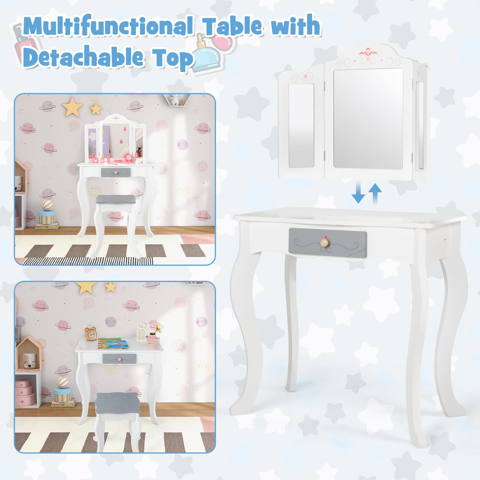 INFANS Kids Vanity Set - 2 in 1 Princess Makeup Table & Chair with Tri-Folding Mirror, 10 Accessories, Wooden Dressing Table for Toddler Girls | Pretend Play, Birthday Gift, Room Decor (White) - Perfect for Dress-Up Games, Role Play & Imaginative Play in Bedroom or Playroom