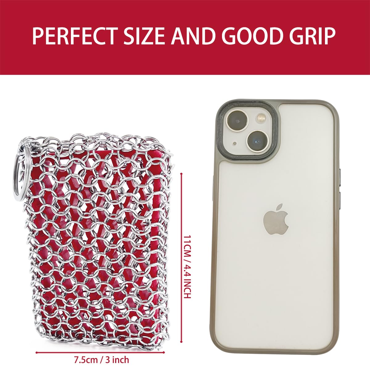 **Premium 316 Stainless Steel Chainmail Scrubber with Red Silicone Grip - Heavy Duty Cast Iron Pan Cleaner & Skillet Scrubber - Perfect for Grill, Dutch Oven, and Carbon Steel Cookware Cleaning**