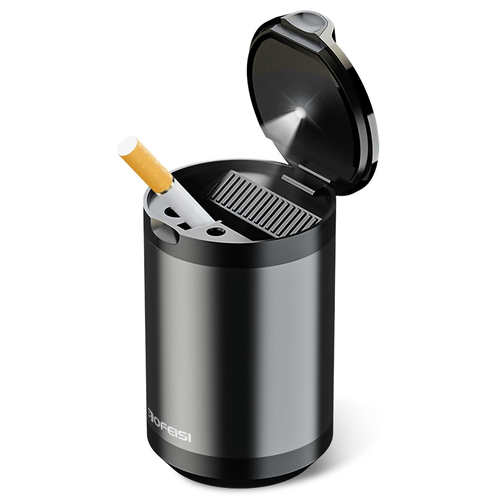 Portable Car Ashtray with Lid - Detachable Stainless Steel Smokeless Ash Tray with LED Light for Vehicles | Fits Most Car Cup Holders | Ideal for Road Trips, Camping, Office & Home Use