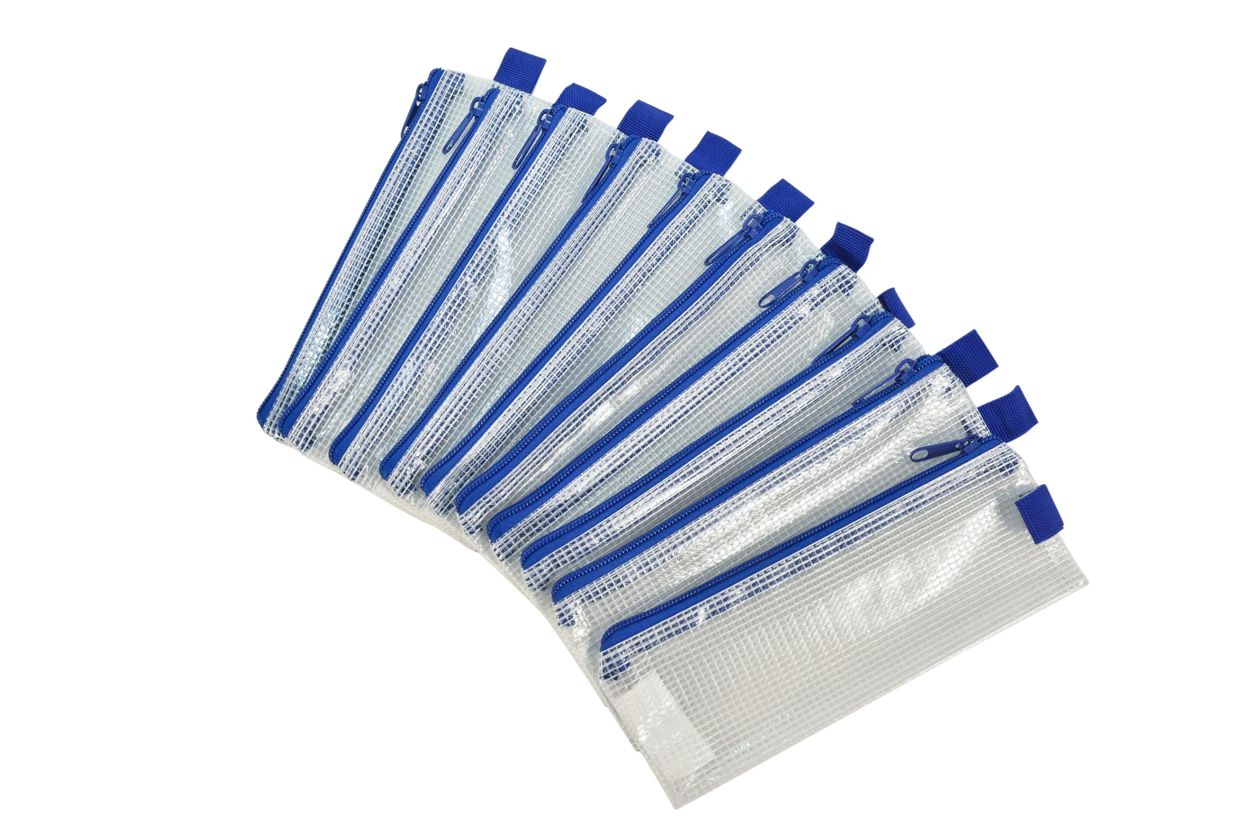 Mesh Pencil Case for School Supplies - 3x8 Inches, Clear with Blue Trim (Pack of 10) - Perfect for Organizing Pens & Markers