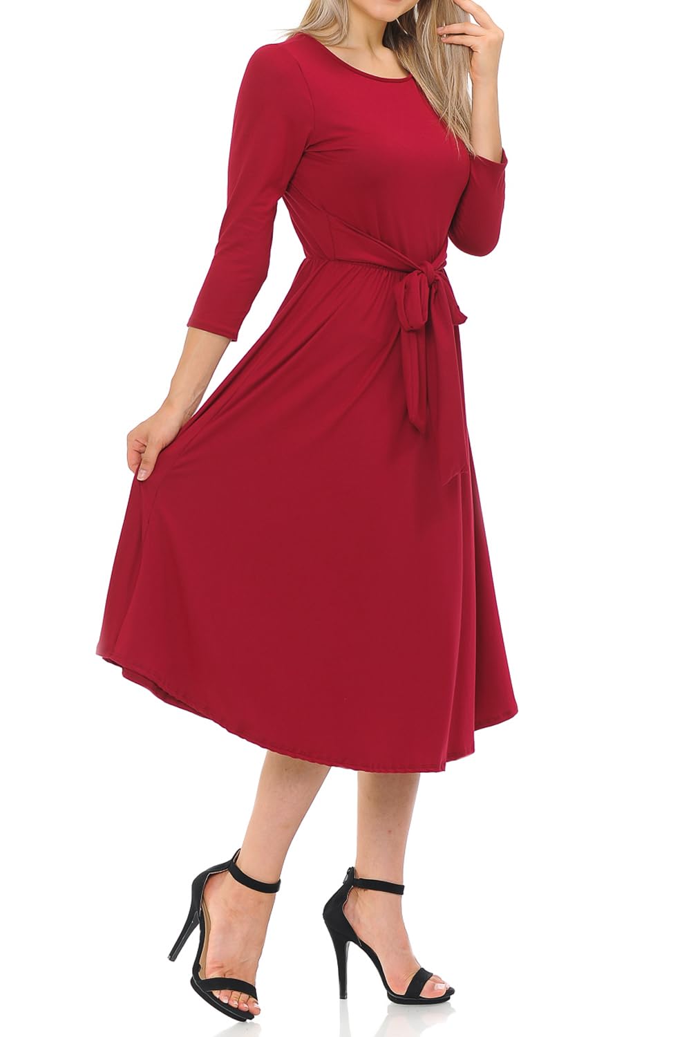 Iconic Luxe Women's A-Line Midi Dress with Waist Tie - Elegant Formal & Casual Wear for Office, Party & Special Occasions