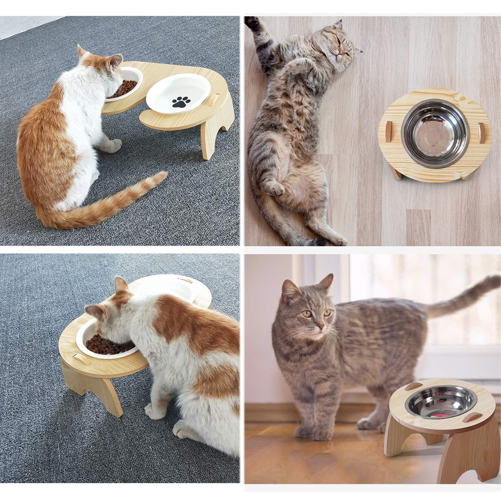 Elevated Dog and Cat Feeder Stand - 15° Tilted Bamboo Raised Food & Water Bowls with Stainless Steel/Ceramic Dishes - Perfect for Joint Health and Comfortable Eating for Small, Medium & Large Pets - Ideal for Home, Kitchen or Vet Clinic Use