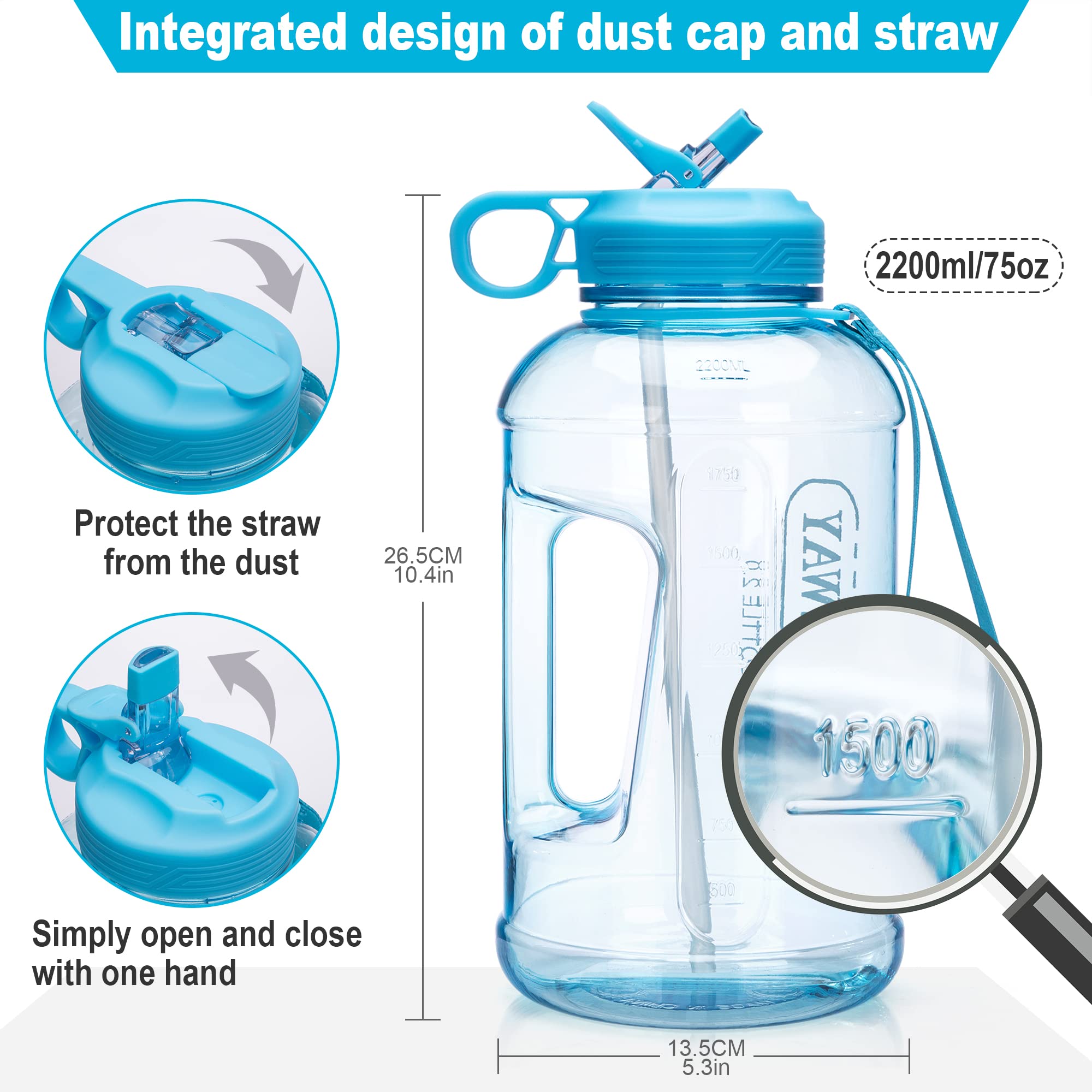 **2.2L (74oz) Large Leakproof Sports Water Bottle with Straw & Handle - BPA Free Half Gallon Jug for Camping, Hiking, Gym & Outdoor Activities (Blue)**