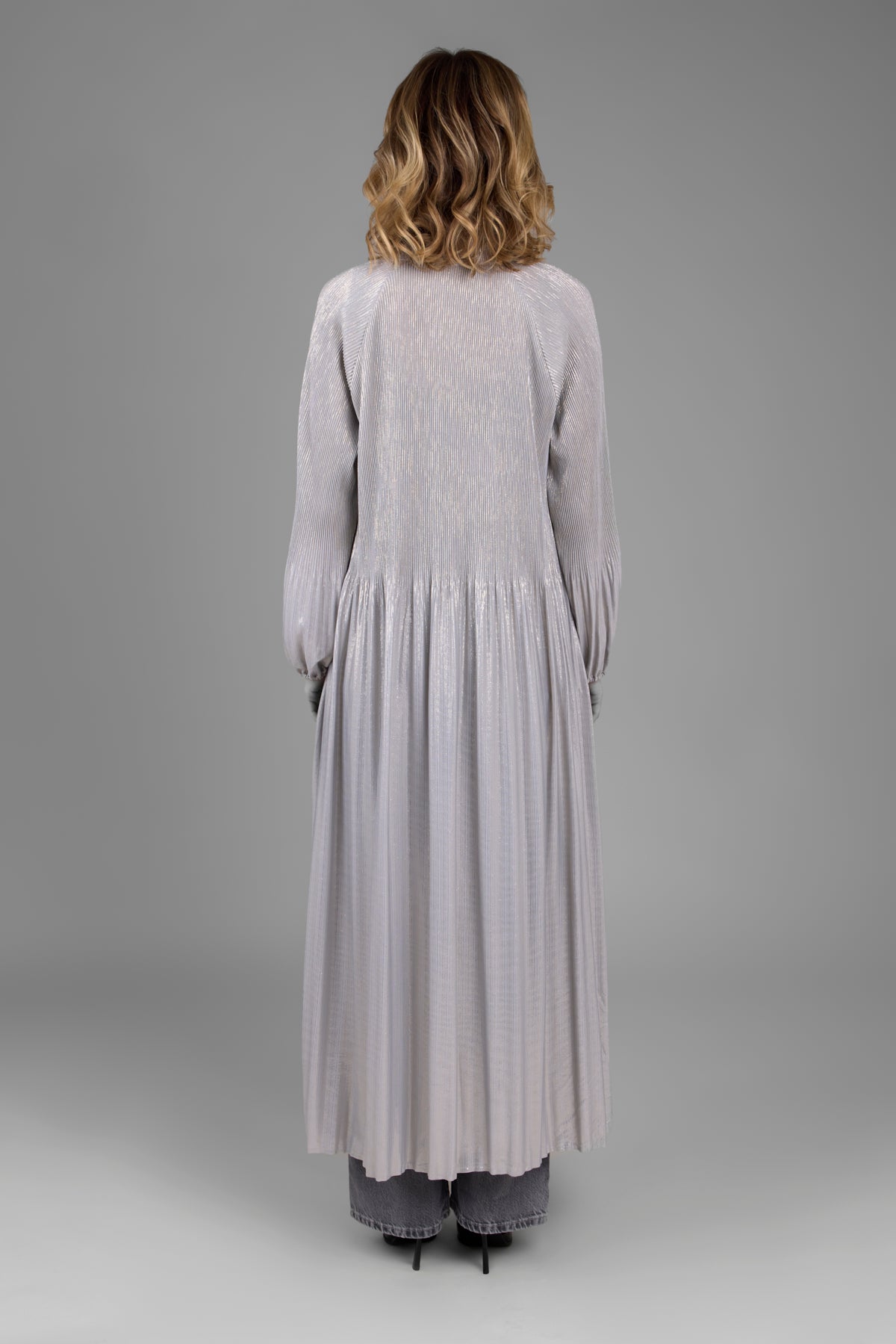 Elegant Metallic Pleated Duster Coat for Women - Shiny Long Trench Coat with Belt - Perfect for Office, Evening Parties & Special Occasions