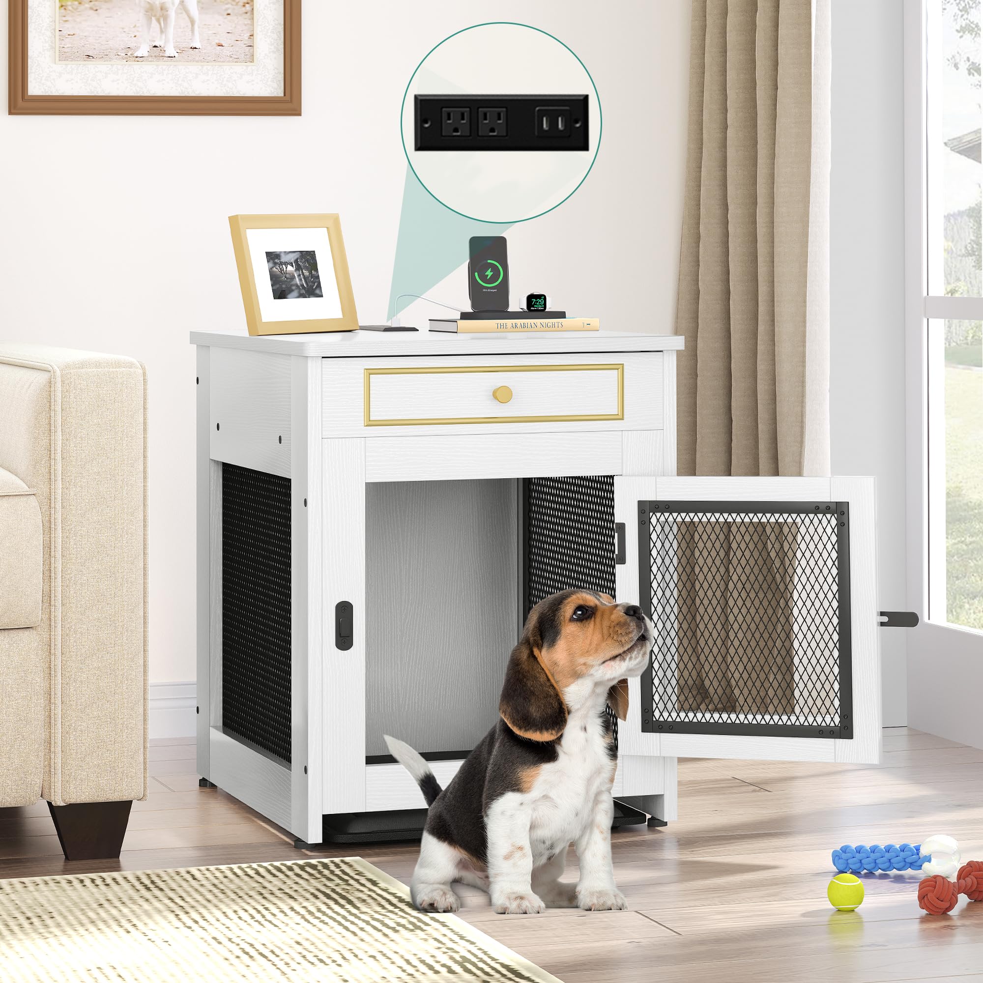YITAHOME Wooden Dog Crate Furniture - Indoor Pet Kennel with Cushion Tray & Drawer for Small Dogs Under 25 lbs, White End Table with Dual USB Charger - Perfect for Living Room, Bedroom & Home Office Pet Space