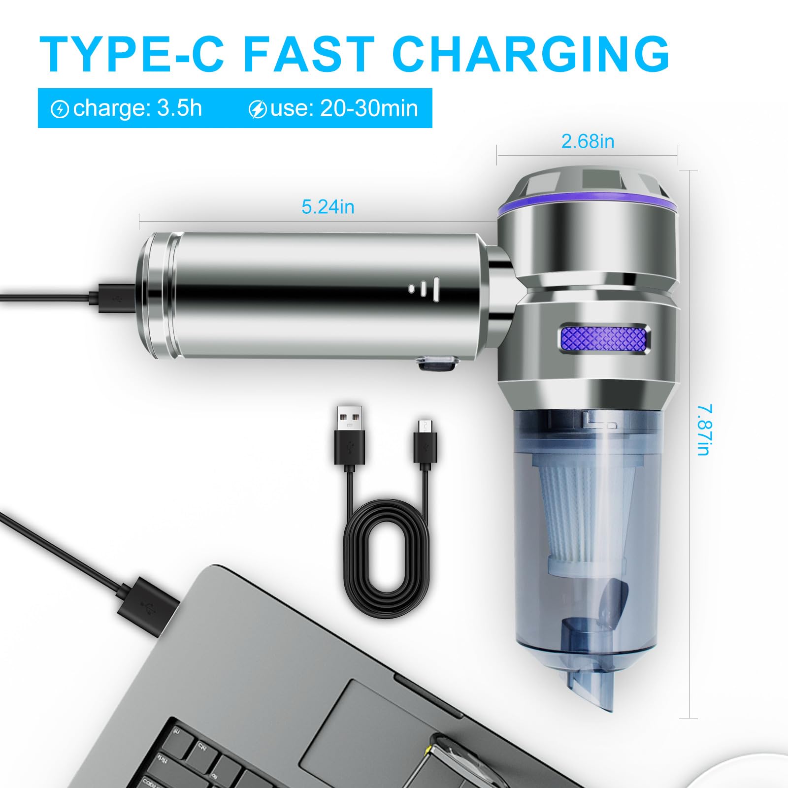Cordless Handheld Vacuum 21000Pa - 4-in-1 Car & Home Cleaner (Blue)