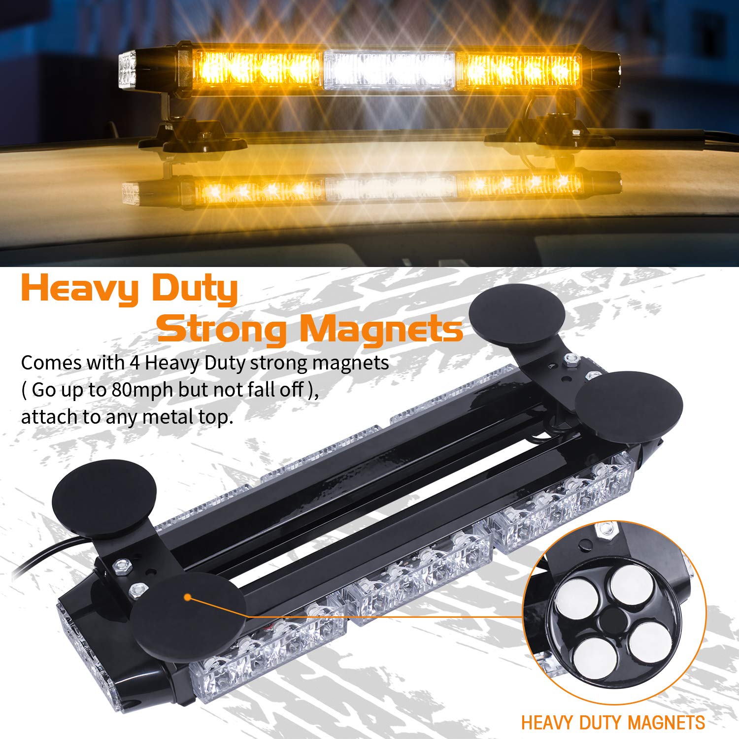 LINKITOM 30 LED Strobe Light Bar - Double Side High Intensity Emergency Hazard Warning Beacon with Magnetic Base for Trucks, Vehicles, Roof Safety (Amber & White) - Ideal for Roadside Emergencies, Construction Zones & Fleet Vehicle Warning Lights