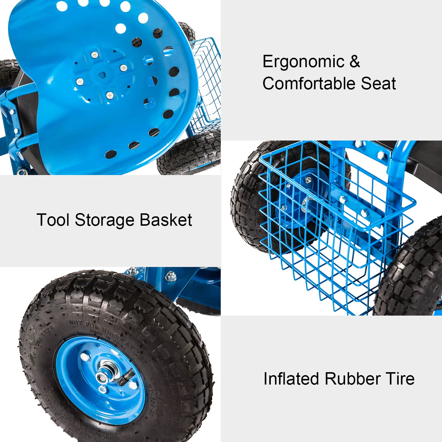 Heavy Duty Rolling Garden Cart Scooter Stool with Seat & Wheels - Adjustable Handle 360° Swivel Mobility Scooter - Perfect for Gardening, Landscaping & Outdoor Chores (Blue)