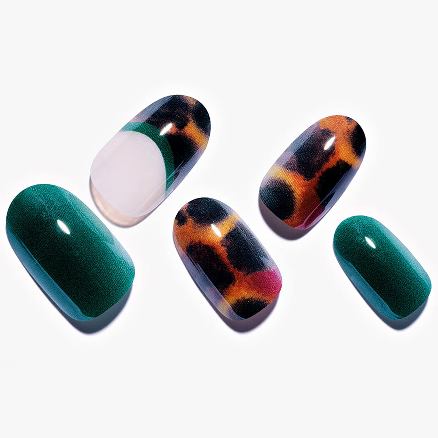 GLAMERMAID Short Almond Press-On Nails – Tortoiseshell Oval Fake Nails in Green, Brown & Amber French Tip Design | Marble Medium False Nails with UV Glossy Acrylic Finish | Easy Glue-On Nail Kits for Everyday Wear, Parties & Special Occasions