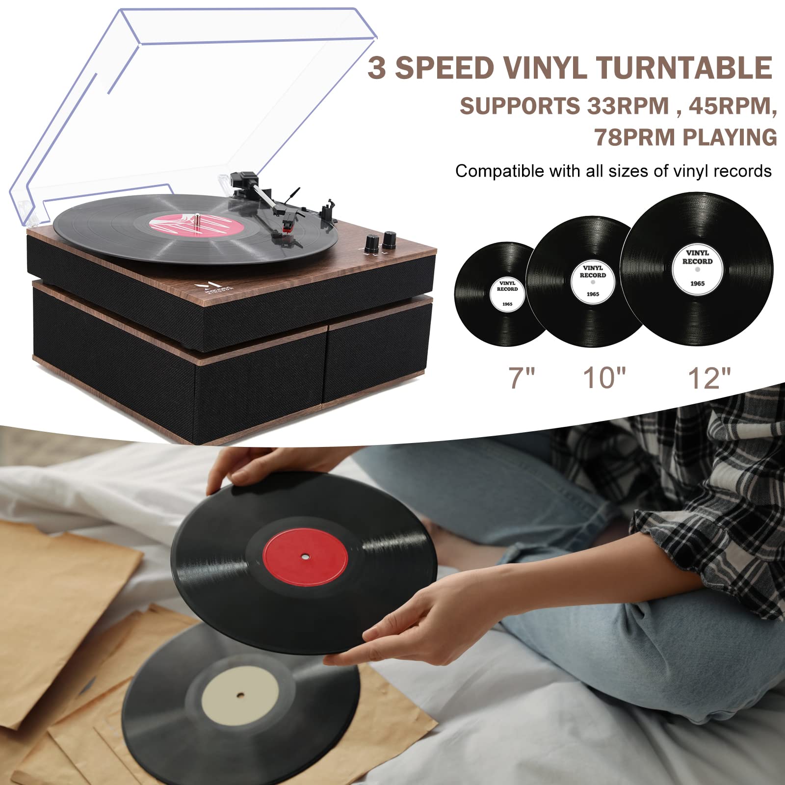 MPK Bluetooth Record Player - HiFi Turntable with Bookshelf Speakers, 3-Speed Belt-Drive Vinyl Player for Wireless Playback & Auto-Stop, Walnut Wood - Perfect for Home Entertainment & Vinyl Record Collection