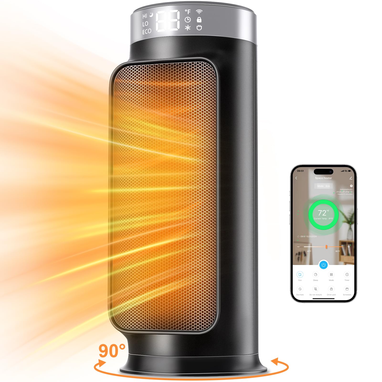 1500W Smart WiFi PTC Space Heater with Remote Control & App - 24H Timer, 90° Oscillation, Overheat & Tip-Over Protection, 5 Heating Modes for Home, Office, Bedroom, Bathroom - Perfect for Winter Warmth & Energy Efficient Heating