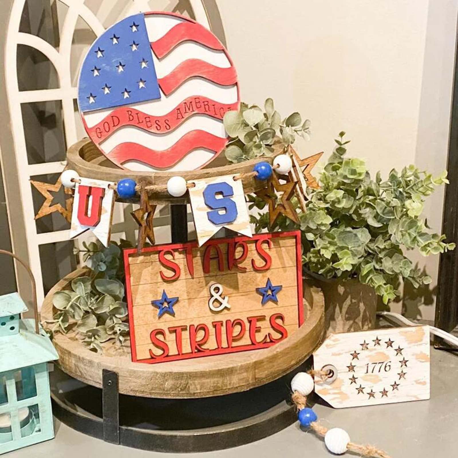 4th of July Patriotic Decorations Set - 4pc Wooden Tiered Tray Decor with American Flag Design | Perfect for Independence Day Home Decor, Party Supplies & Patriotic Gift Giving | Great for Fireworks Parties, BBQ Gatherings & Front Porch Displays