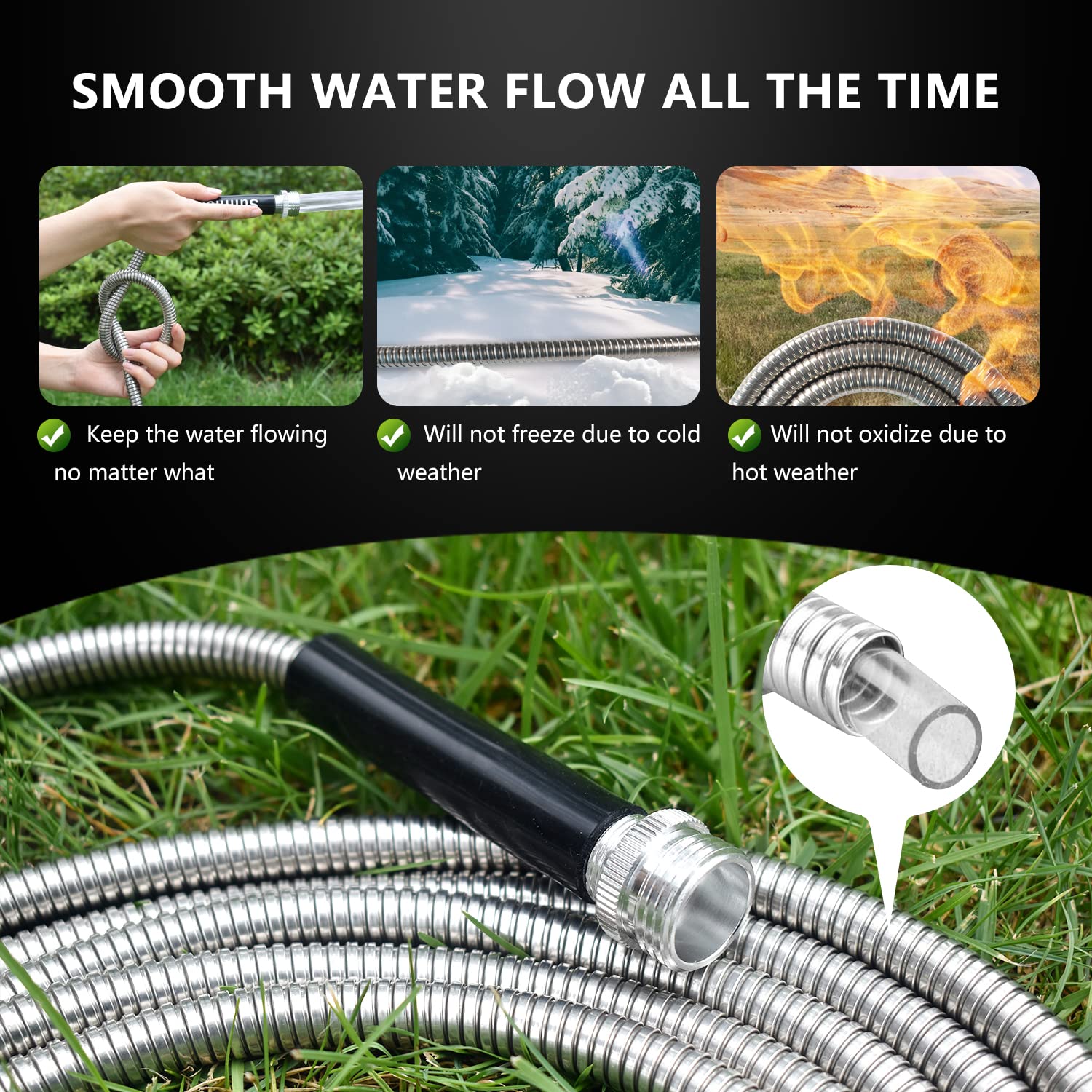 100 Ft Stainless Steel Metal Garden Hose - Heavy Duty Flexible Water Hose with High Pressure Nozzle Sprayer for Lawn, Yard & Outdoor Cleaning | Durable 100 Foot Hose for Gardening, Car Washing & Patio Use