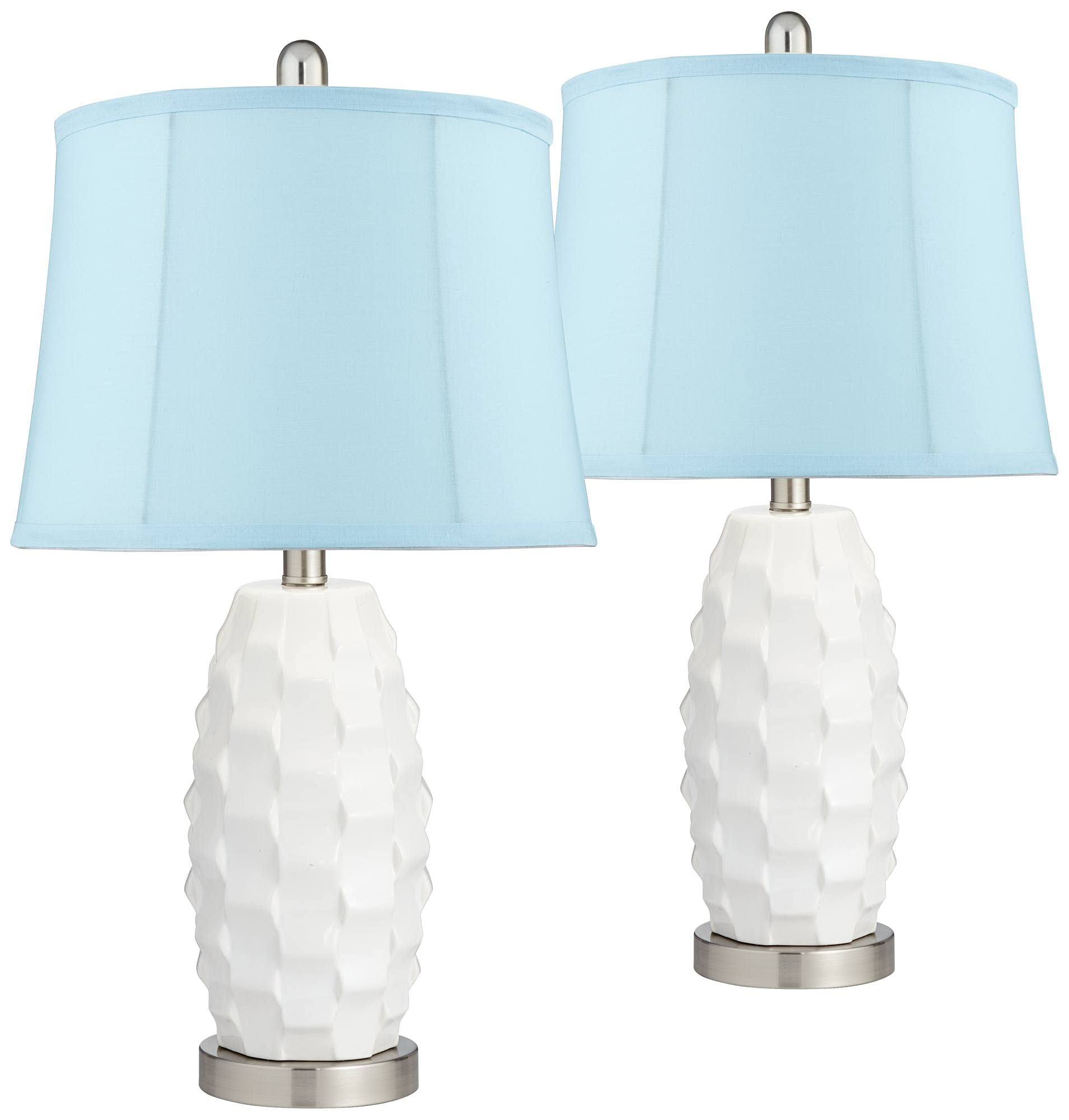 Scalloped Farmhouse Modern Coastal Table Lamps - Set of 2 White Ceramic LED Lamps with Brushed Nickel Base & Blue Drum Shade, 24.5