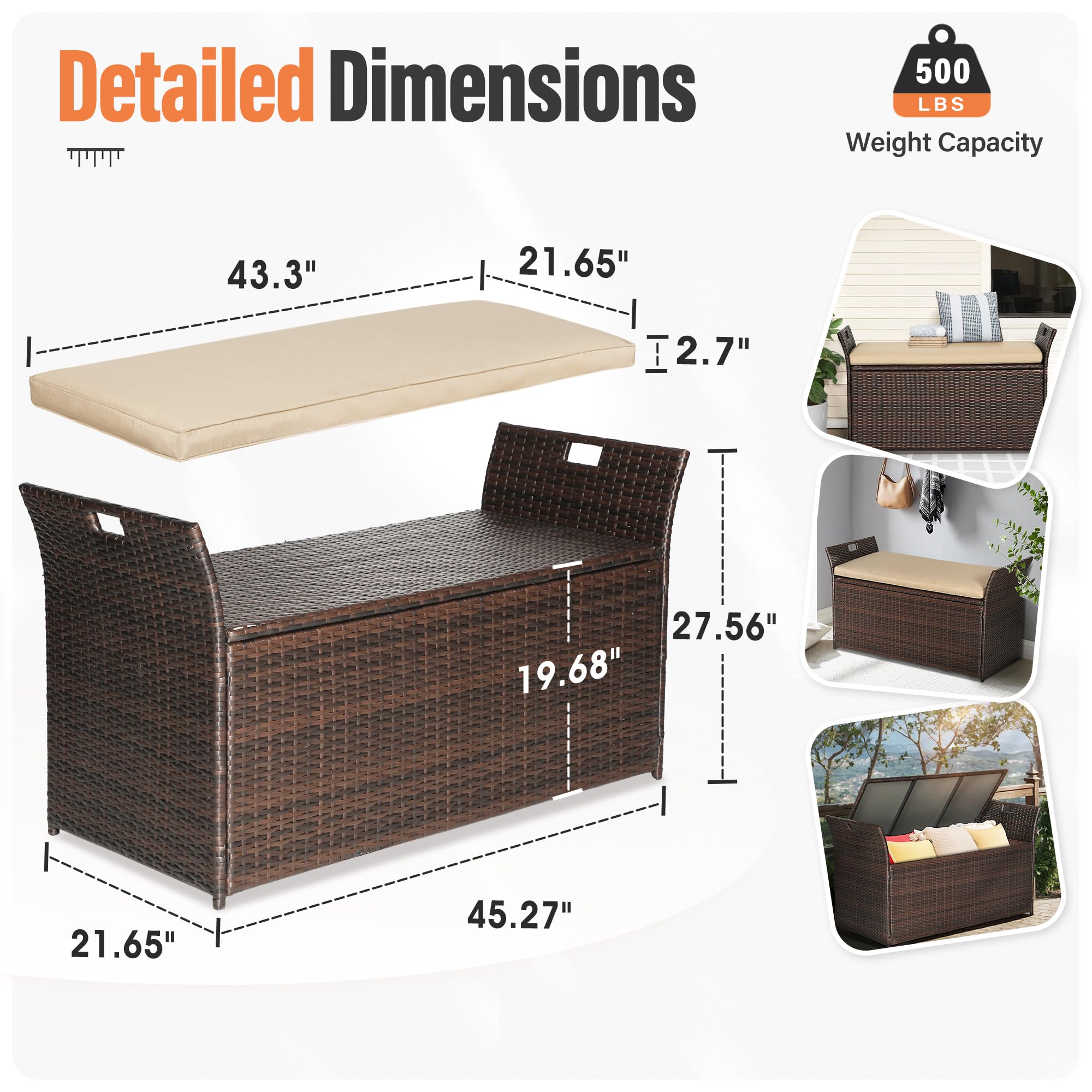 CrownLand 80 Gallon Outdoor Storage Bench with Cushion - Waterproof Wicker Patio Deck Box with Seat - Perfect for Garden, Balcony, Poolside & Backyard Furniture Storage (Brown)