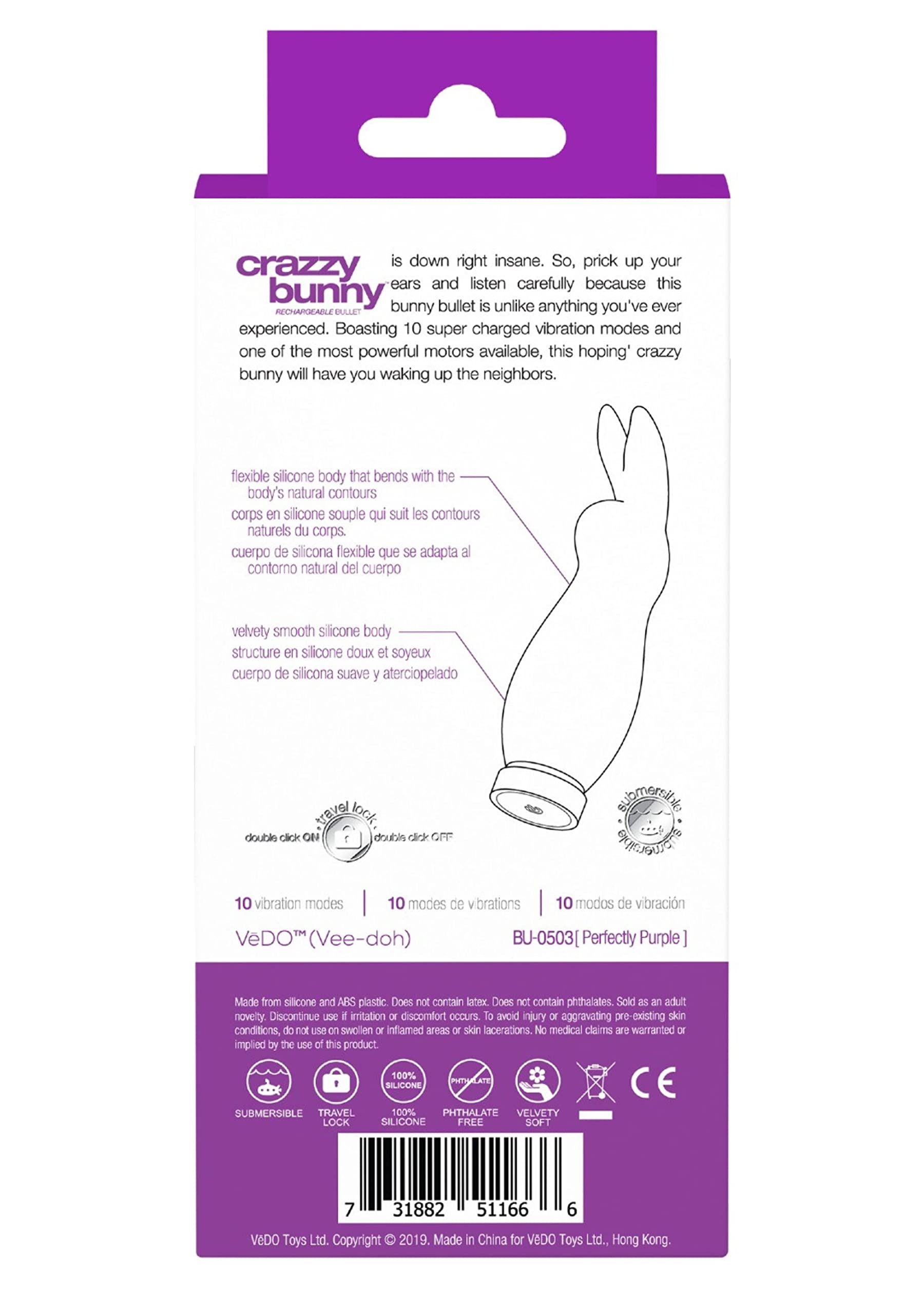 VeDO Crazzy Bunny Rechargeable Clitoral Vibrator - Powerful Bullet Vibrator for Women, Purple Adult Sex Toy & Clitoris Stimulator - Perfect for Solo Play, Couples & Sensual Massage