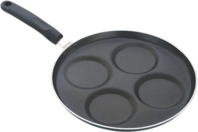 Non-Stick Aluminum 4-Cavity Appam/Uttapam/Dosa Pan with Round Side Handle - Perfect for Indian Breakfast Cooking - Ideal for Home Kitchens & Restaurants (Black)