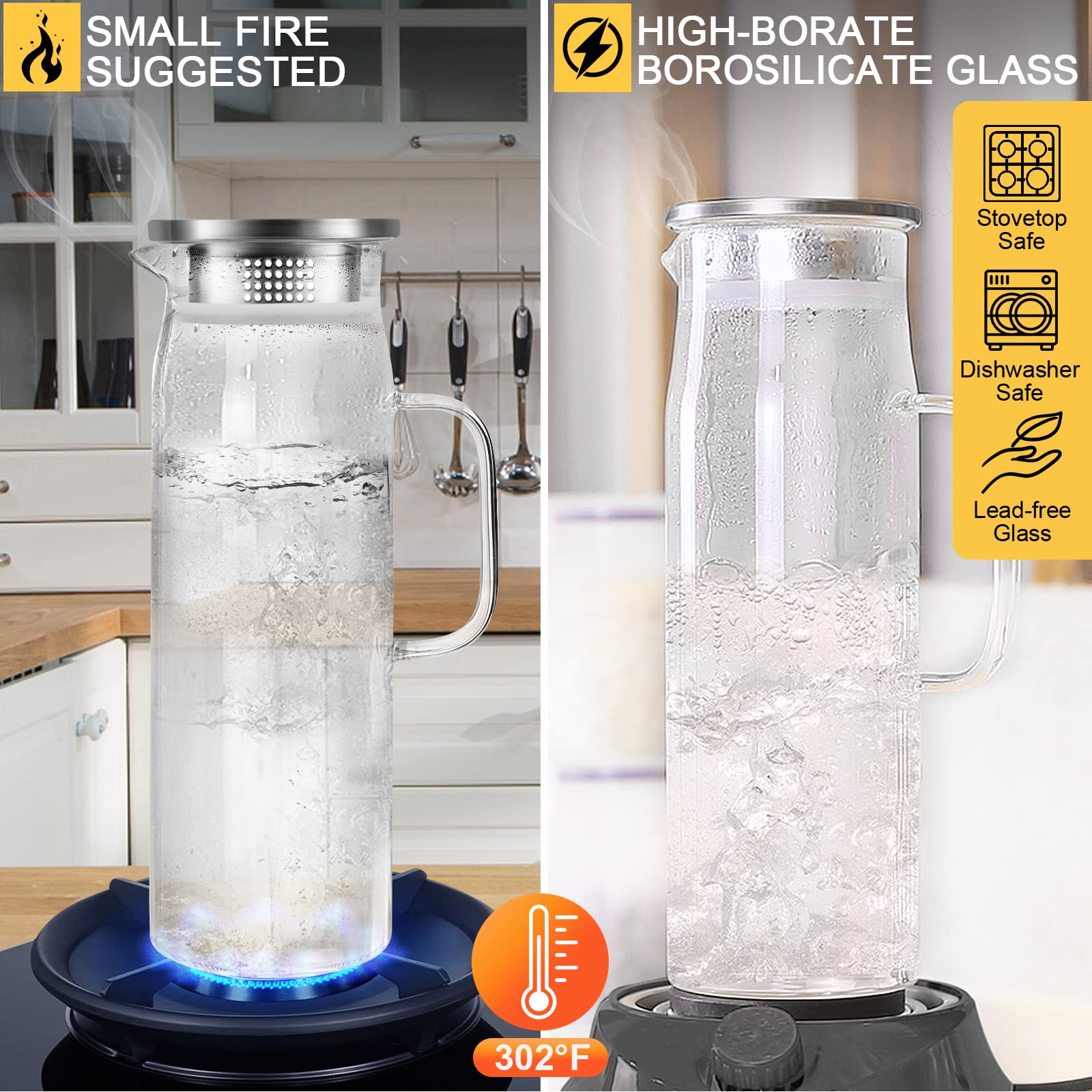 Yirilan 1.5L Borosilicate Glass Pitcher with Lid - Heat Resistant Iced Tea & Water Carafe with Handle - Perfect for Serving Beverages, Cocktails, and Lemonade at Parties, BBQs, and Family Gatherings