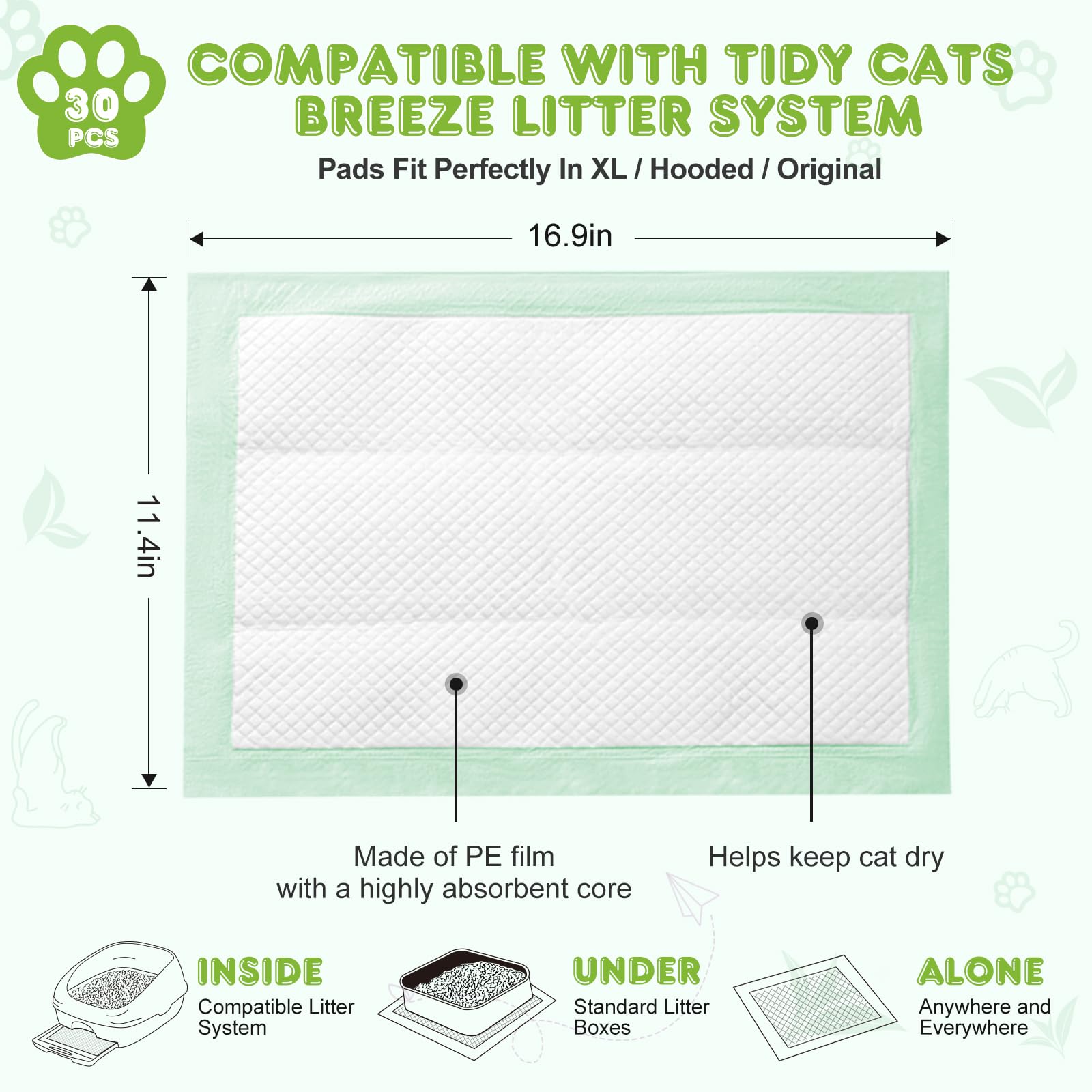 30 PCS Super Absorbent Cat Pee Pads - Refill for Tidy Cats Breeze Litter System | Fresh Scented Liner Pads for Odor Control | Ideal for Litter Box, Pet Crate & Travel Use