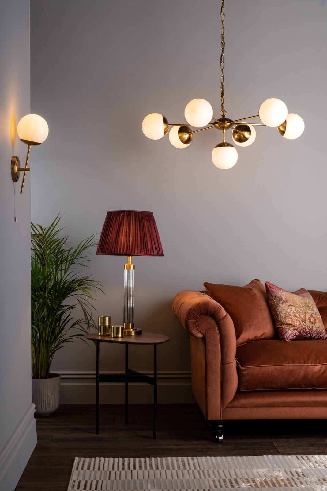 7Lt Bombazine Ceiling Light Fixture in Natural Brass & White Opal Glass - Perfect for Living Room, Bedroom, and Dining Room Lighting
