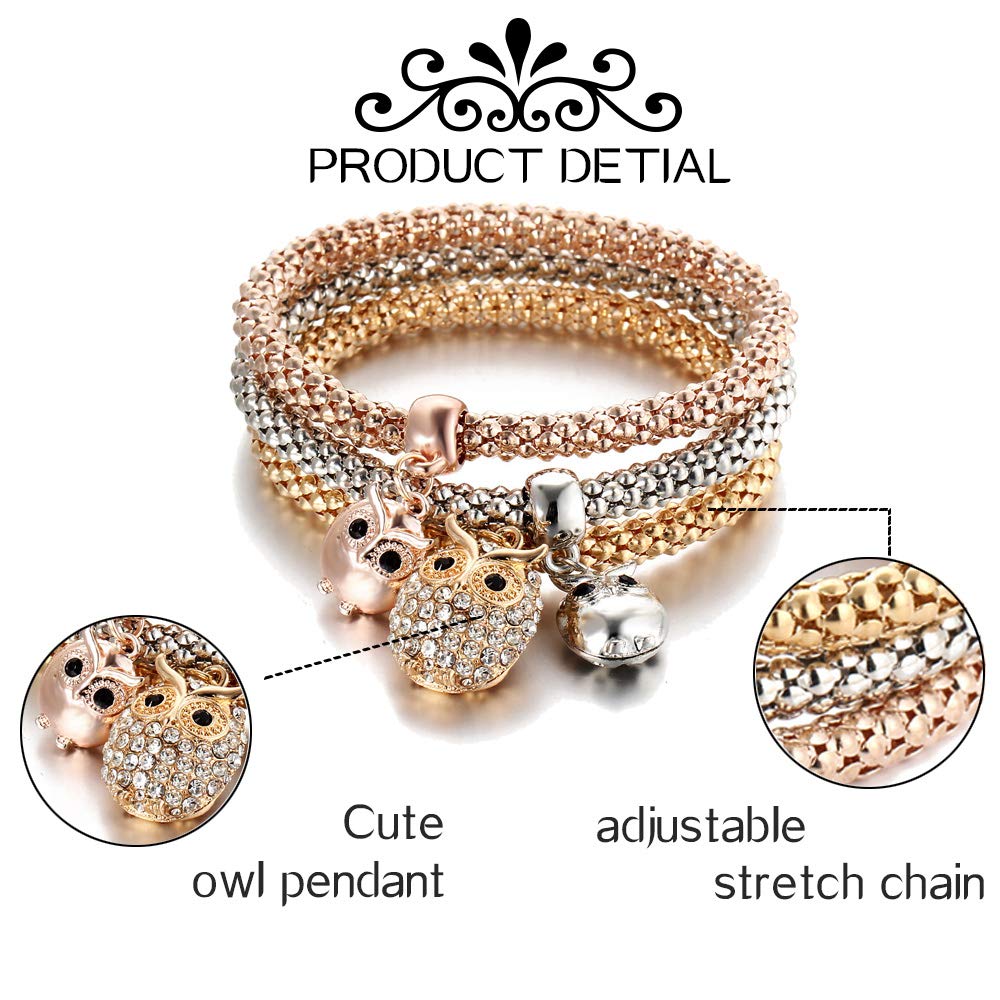 RINHOO 3-Piece Friendship Bracelet Set - Gold, Silver & Rose Gold Corn Chain Crystal Stretch Bracelets for Women | Layered Charm Jewelry for Everyday Wear, Gifts & Special Occasions