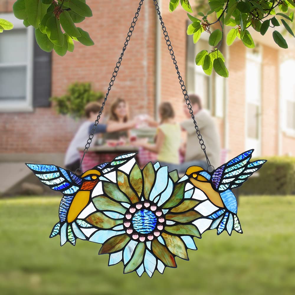Stunning Sunflower & Hummingbird Stained Glass Suncatcher - Handcrafted Mother's Day Gift, Home Window Hanging Decor for Bird Lovers - Perfect for Living Room, Bedroom, or Garden Decorations