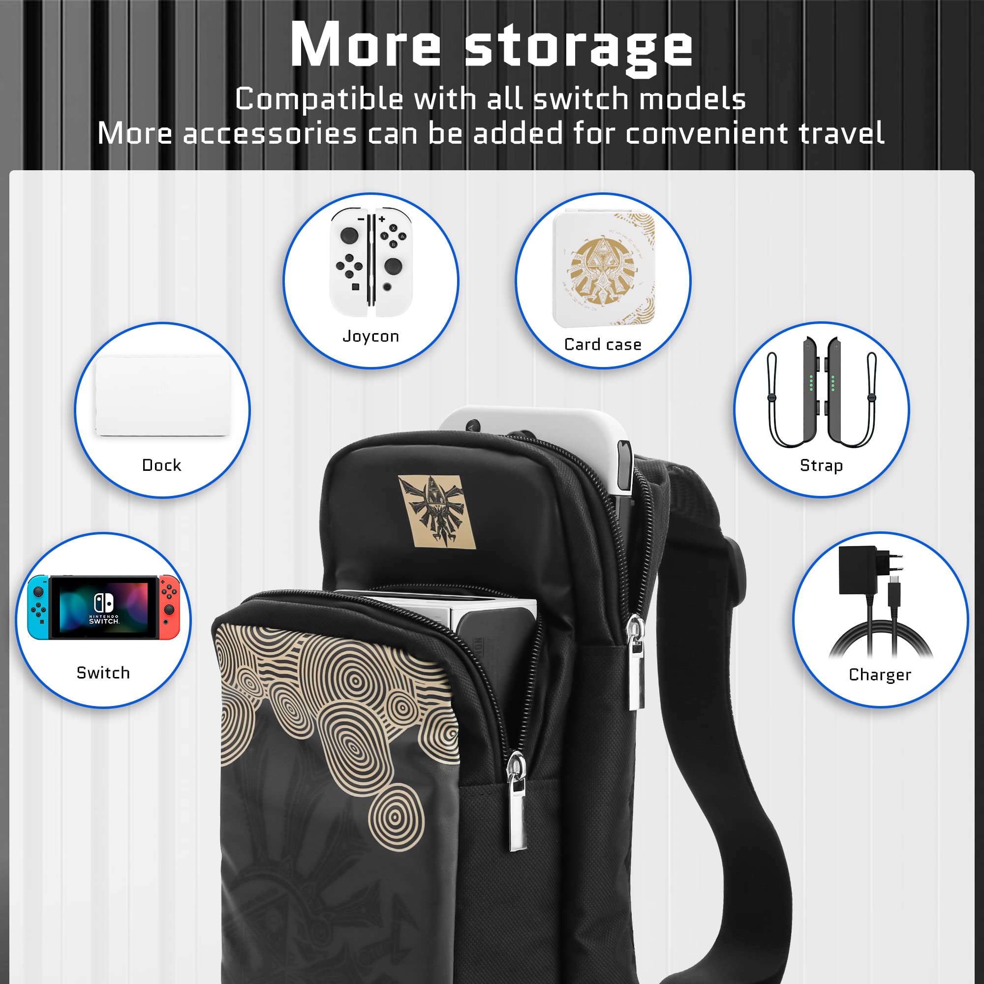 Zelda Switch Travel Bag with 12 Card Slots & Thumb Caps - Portable Crossbody Case for Gaming On-The-Go