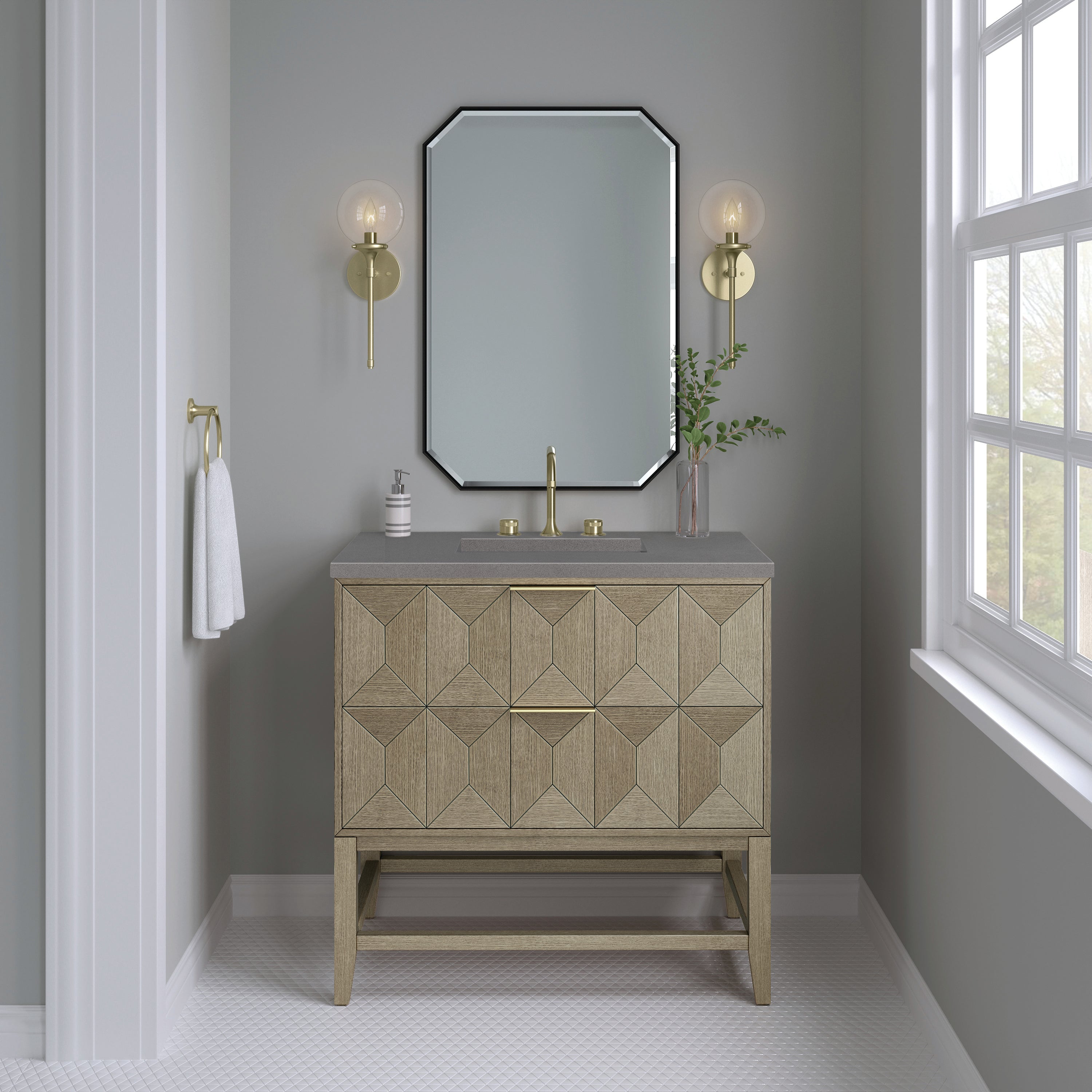 Emmeline 36 Inch Single Bathroom Vanity with Pebble Oak Finish & 3CM Grey Expo Top - Perfect for Modern Home Bathroom Renovation and Space-Saving Design