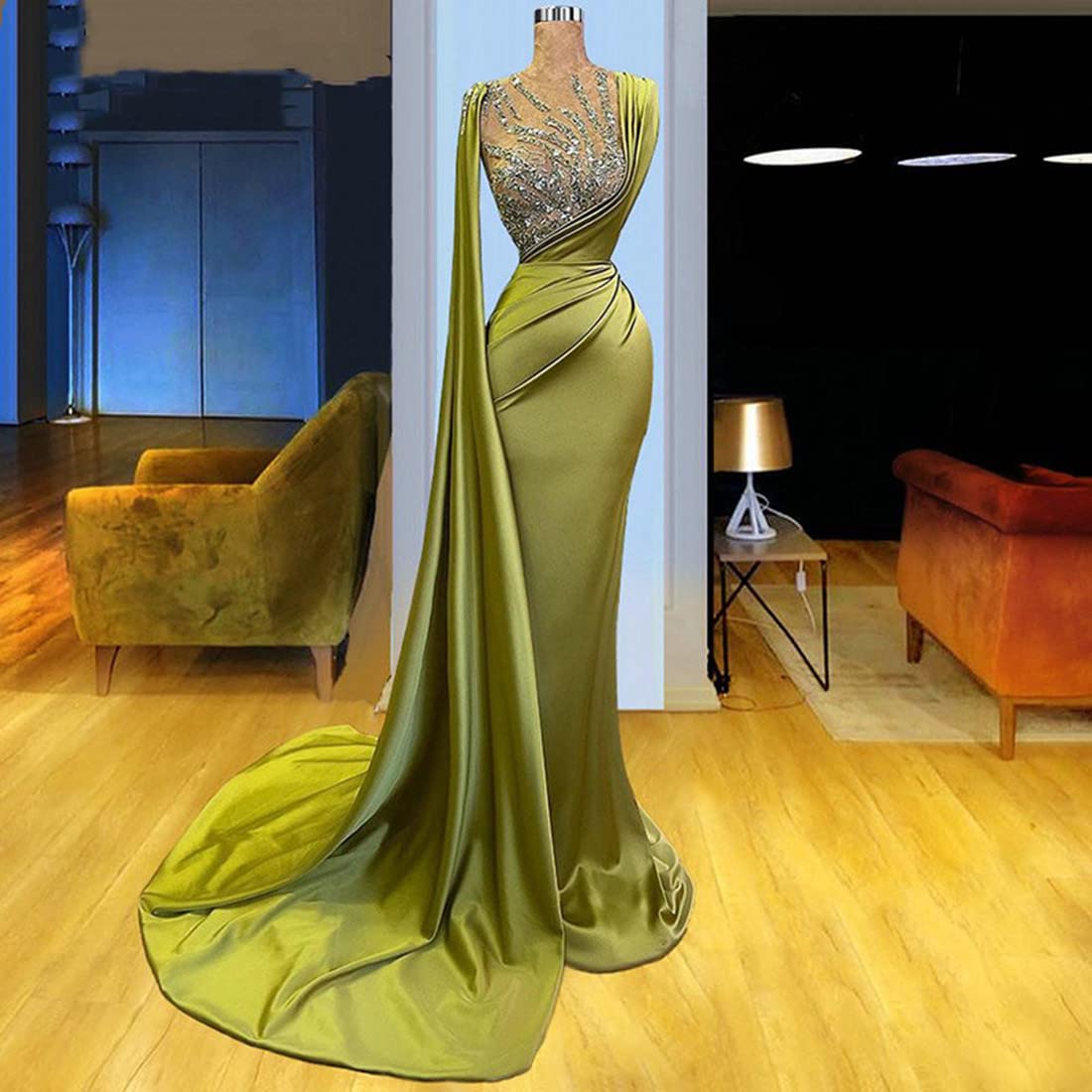 Elegant Yellow Satin Mermaid Prom Dress with Crystal Embellishments - Perfect for Evening Parties, Pageants, and Special Occasions | Formal Gown for Women's Celebrity Events & Shower Parties