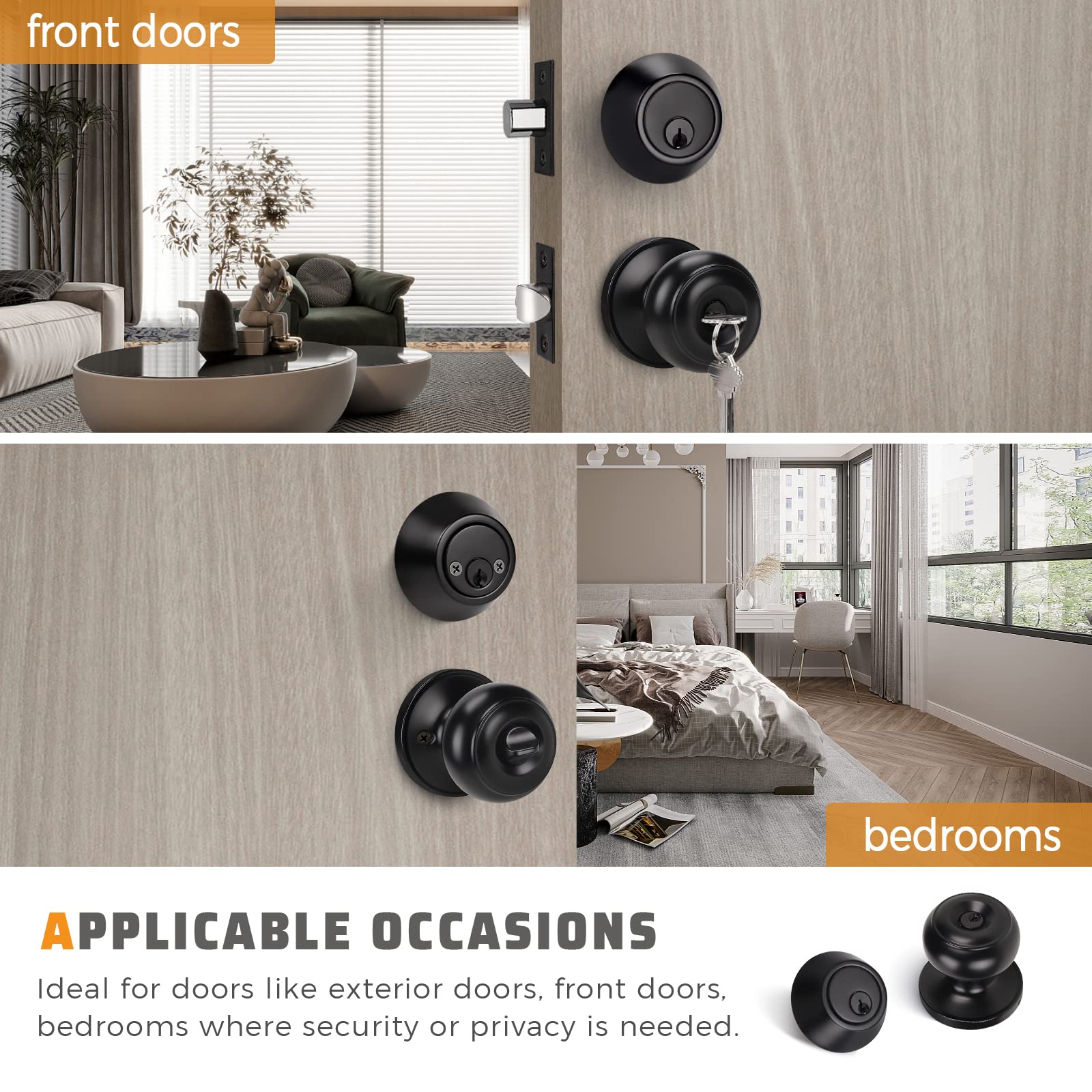 KNOBWELL 5-Pack Keyed Alike Door Knob & Double Cylinder Deadbolt Set - Black Exterior Door Lock with Deadbolt for Enhanced Home Security | Perfect for Front Doors, Back Doors & Rental Properties
