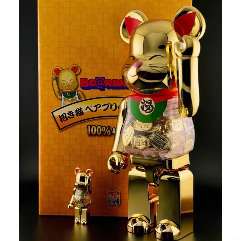 Be@rbrick Lucky Cat Golden Version 400% & 100% Limited Edition 2024 - Japanese Vinyl Art Toy Collectible for Home Decor, Office Display, and Anime Merchandise Collection