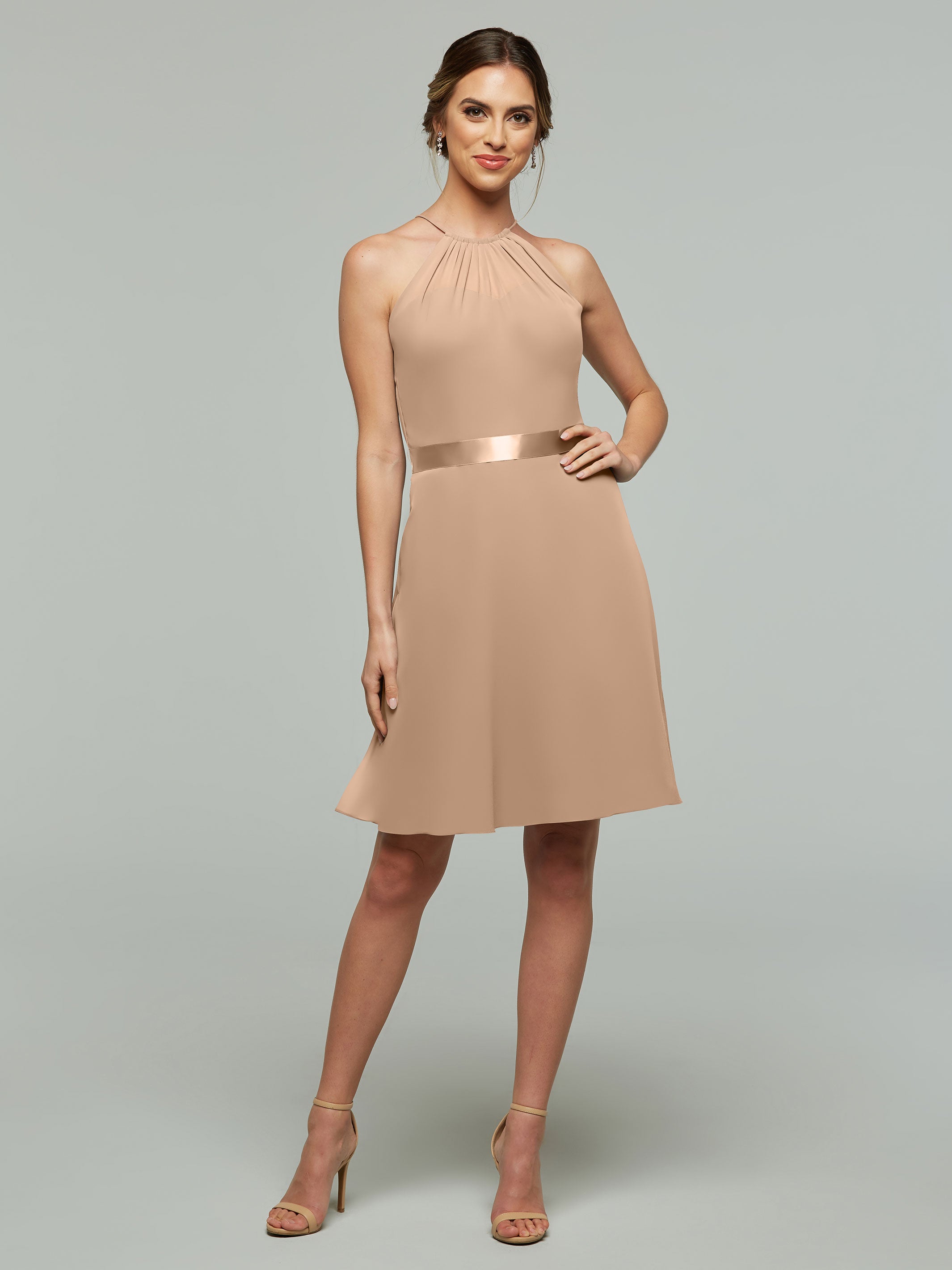 Elegant 80042 Knee-Length Chiffon Bridesmaid Dress with Halter Neckline & Keyhole Back - Perfect for Weddings, Formal Events & Special Occasions
