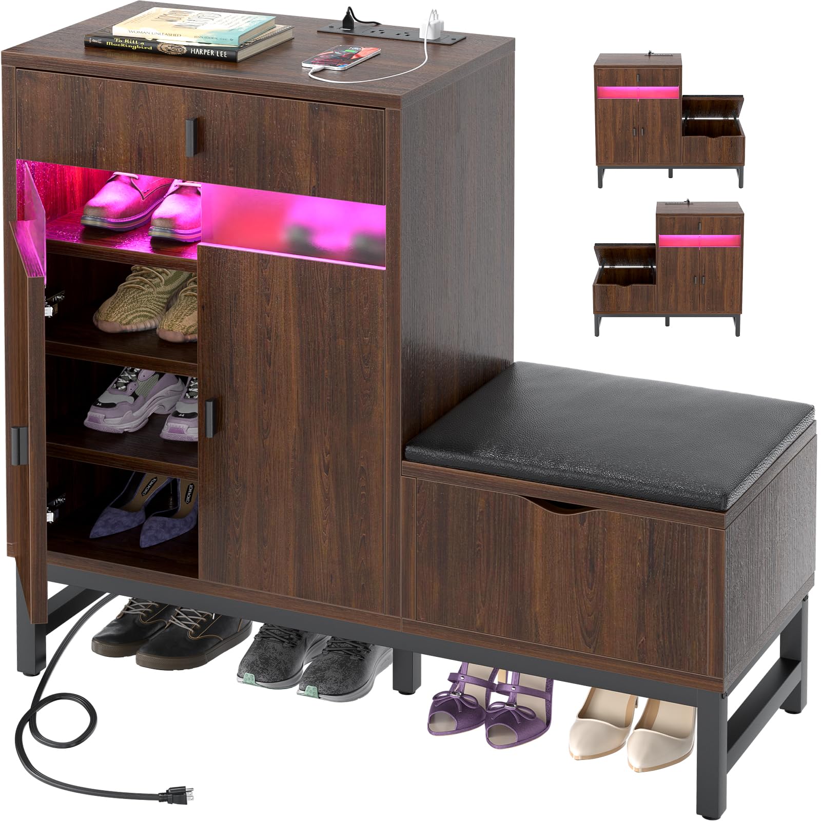 Armocity Freestanding Shoe Cabinet with LED Lights & Power Outlets - Entryway Shoe Storage Bench with Reversible Design, Drawer & Hidden Compartment (Black Walnut) - Perfect for Organizing Shoes in Hallway, Mudroom or Bedroom Closet