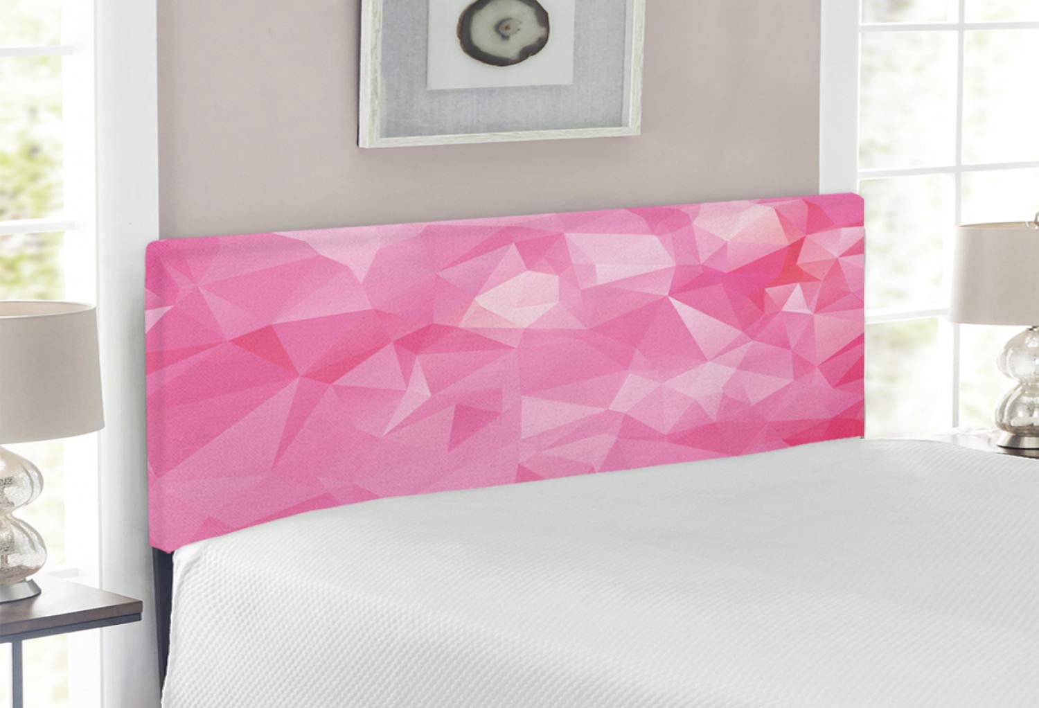Ambesonne Pink Upholstered Headboard - Abstract Polygonal Design with Fractal Triangles in Soft Pink Shades, Memory Foam Cushioned Metal Bed Frame for Full Size Beds | Perfect for Modern Bedrooms, Guest Rooms & Dorm Decor