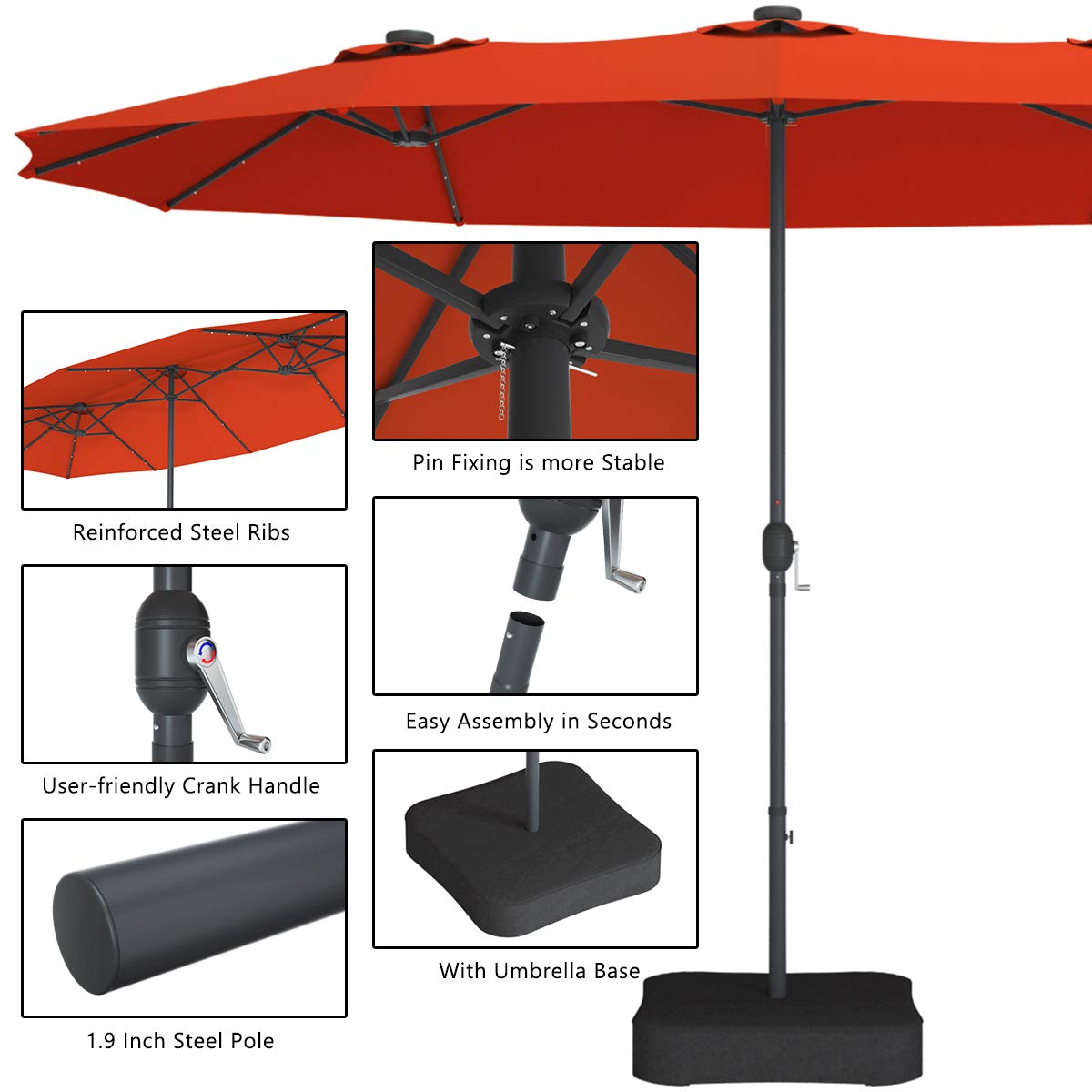 Tangkula 15 Ft Solar LED Patio Double-Sided Umbrella with Heavy Duty Base - Extra Large Outdoor Twin Umbrella with 36 Solar Powered LED Lights & Easy Crank System - Perfect for Garden, Deck, Poolside, Patio Furniture (Orange) | Ideal for Outdoor Dining, Backyard Parties & Summer Relaxation