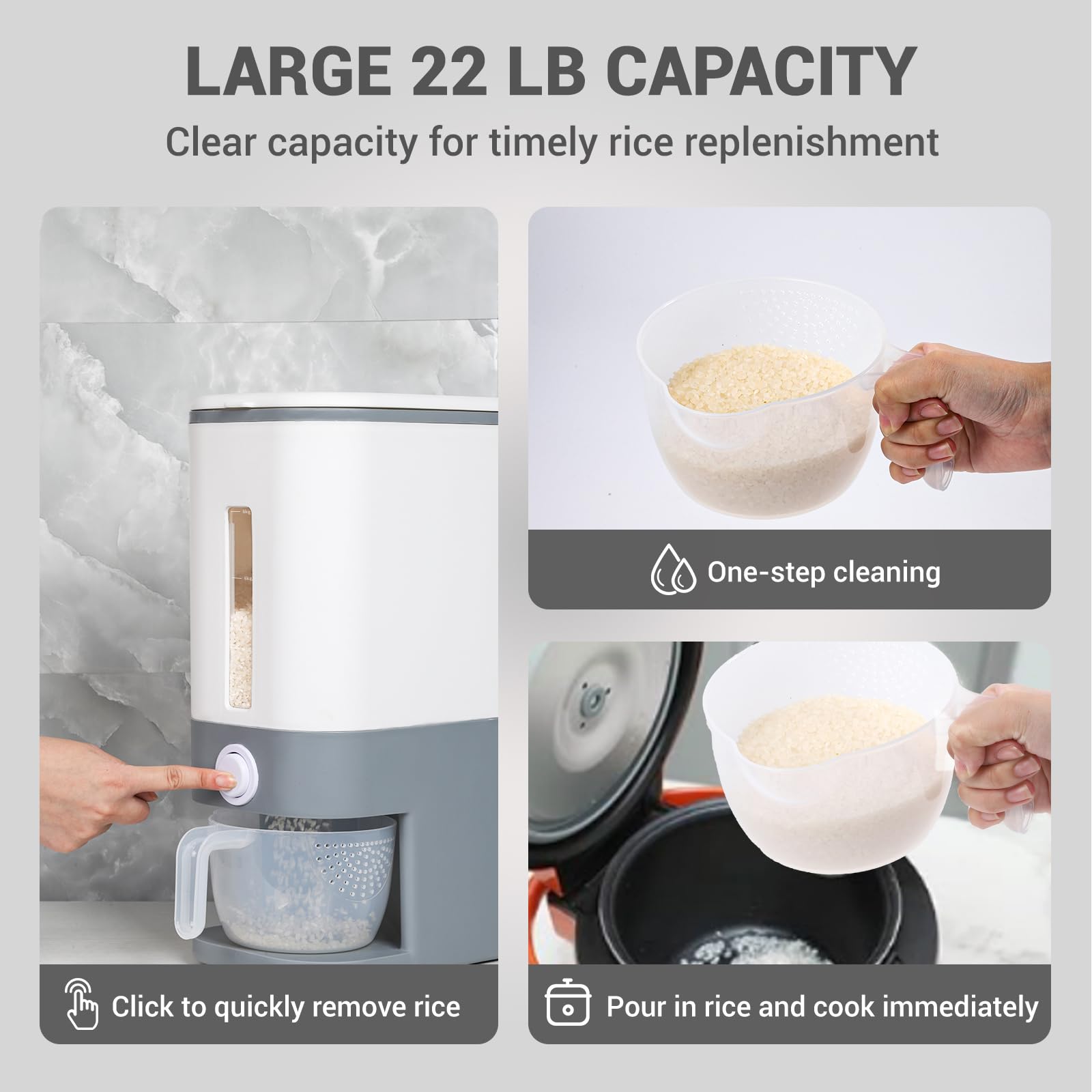 22 Lbs Airtight Rice Storage Container with Measuring Cup - Large Moisture Proof Food Dispenser for Rice, Corn, Soybean & Cereals | Perfect for Kitchen Pantry Organization & Bulk Dry Food Storage (Gray)