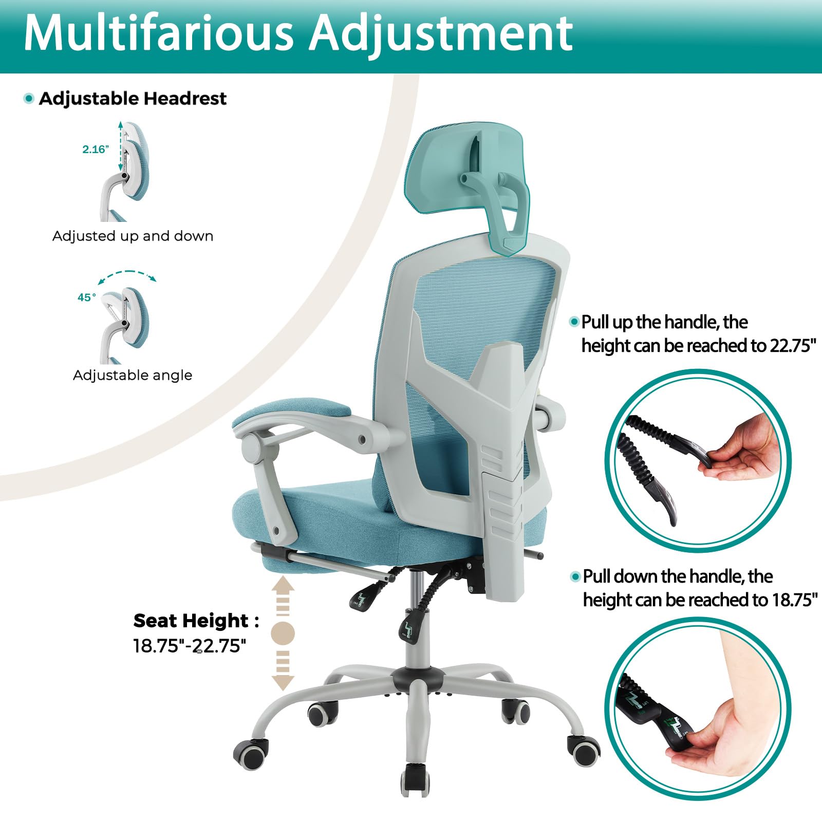 DUMOS Ergonomic Mesh Office Chair with Adjustable Footrest - High Back Swivel Rolling Recliner with Wheels, Headrest & Lumbar Support - Comfortable Armchair for Home Office, Gaming & Study (Blue) - Perfect for Long Work Sessions & Relaxation