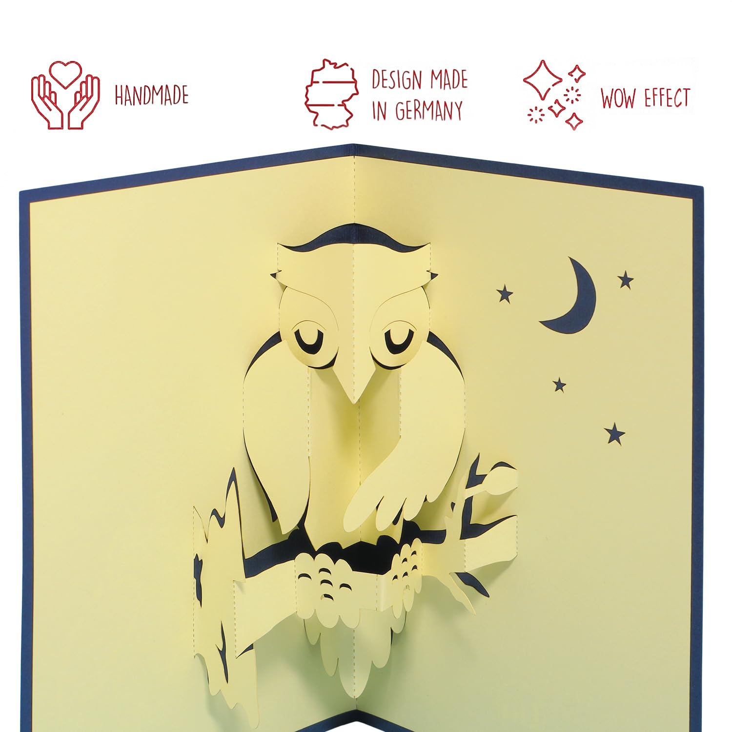 LIN Pop Up 3D Greeting Card for Animal Lovers - Night Owl Design (#137) | Perfect Birthday, Thank You & Holiday Cards for Owl Enthusiasts