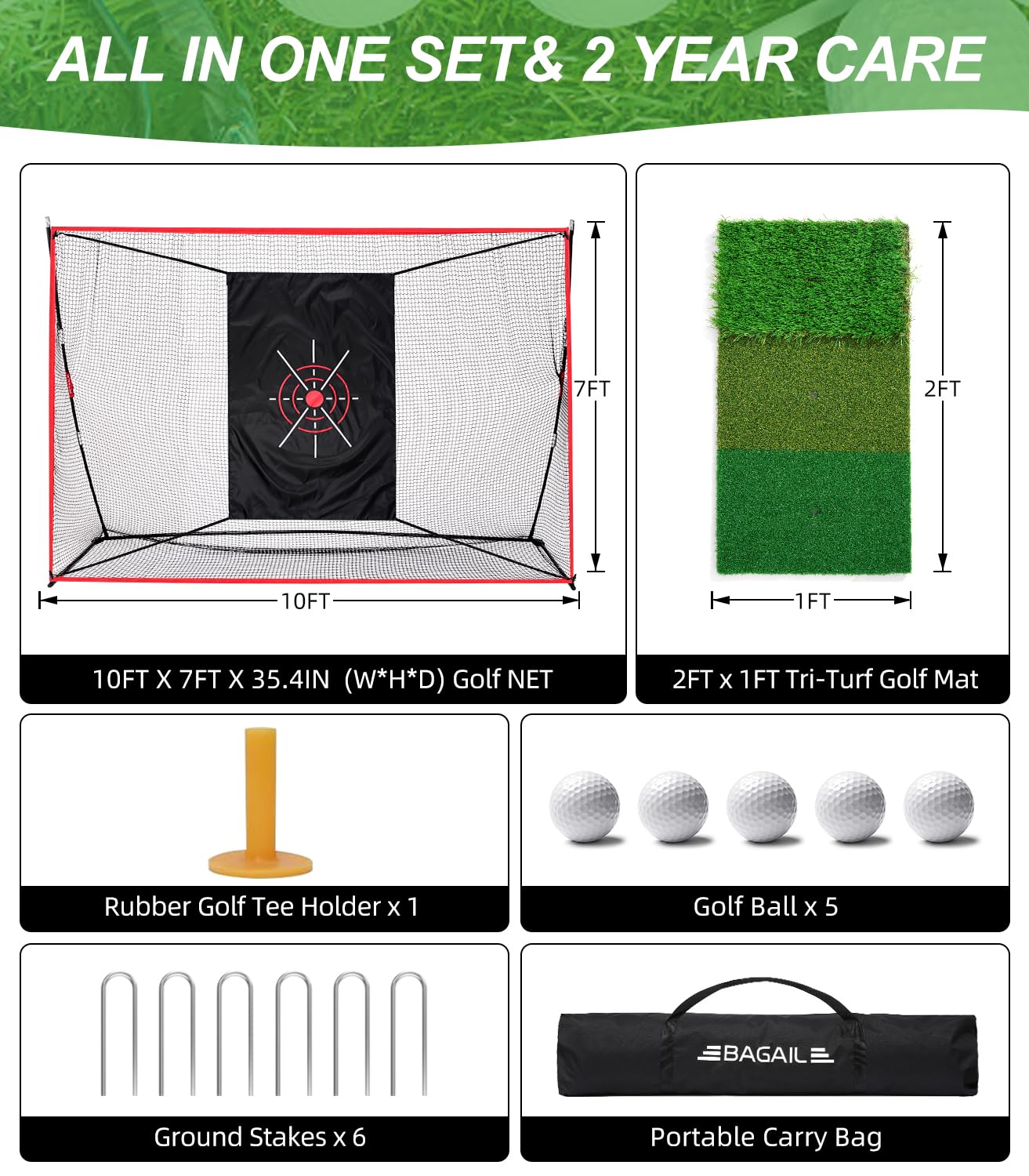 BAGAIL 10x7ft Heavy Duty Golf Practice Net with Tri-Turf Mat & Carry Bag - Portable Backyard/Indoor/Outdoor Training Aid for Driving, Chipping & Hitting | Perfect for Home Practice, Driving Range & Backyard Golf Sessions