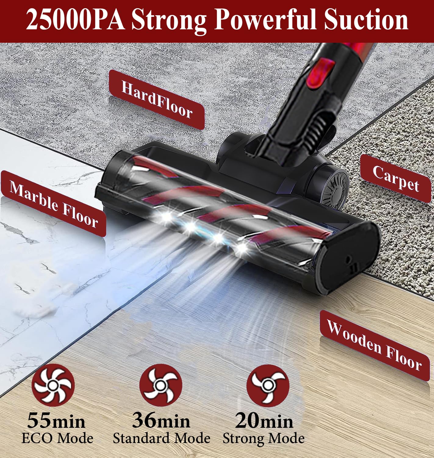 Powerful V8 Cordless Vacuum Cleaner with 55Mins Runtime - Lightweight Wireless Stick Vacuum for Hardwood Floors, Carpets, Cars & Pet Hair - Ideal for Home Cleaning (Red)