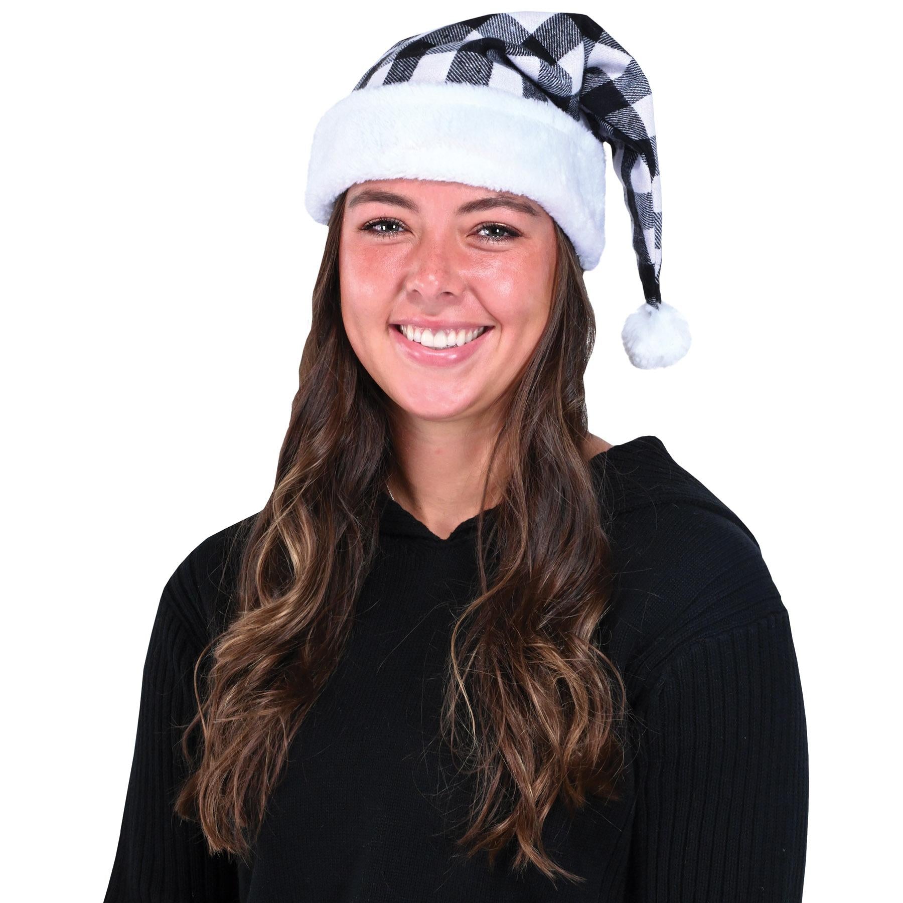 12 Pack Beistle Christmas Plaid Santa Hat - Black & White Holiday Party Hats for Xmas Festive Gatherings, Office Celebrations & Family Photos
