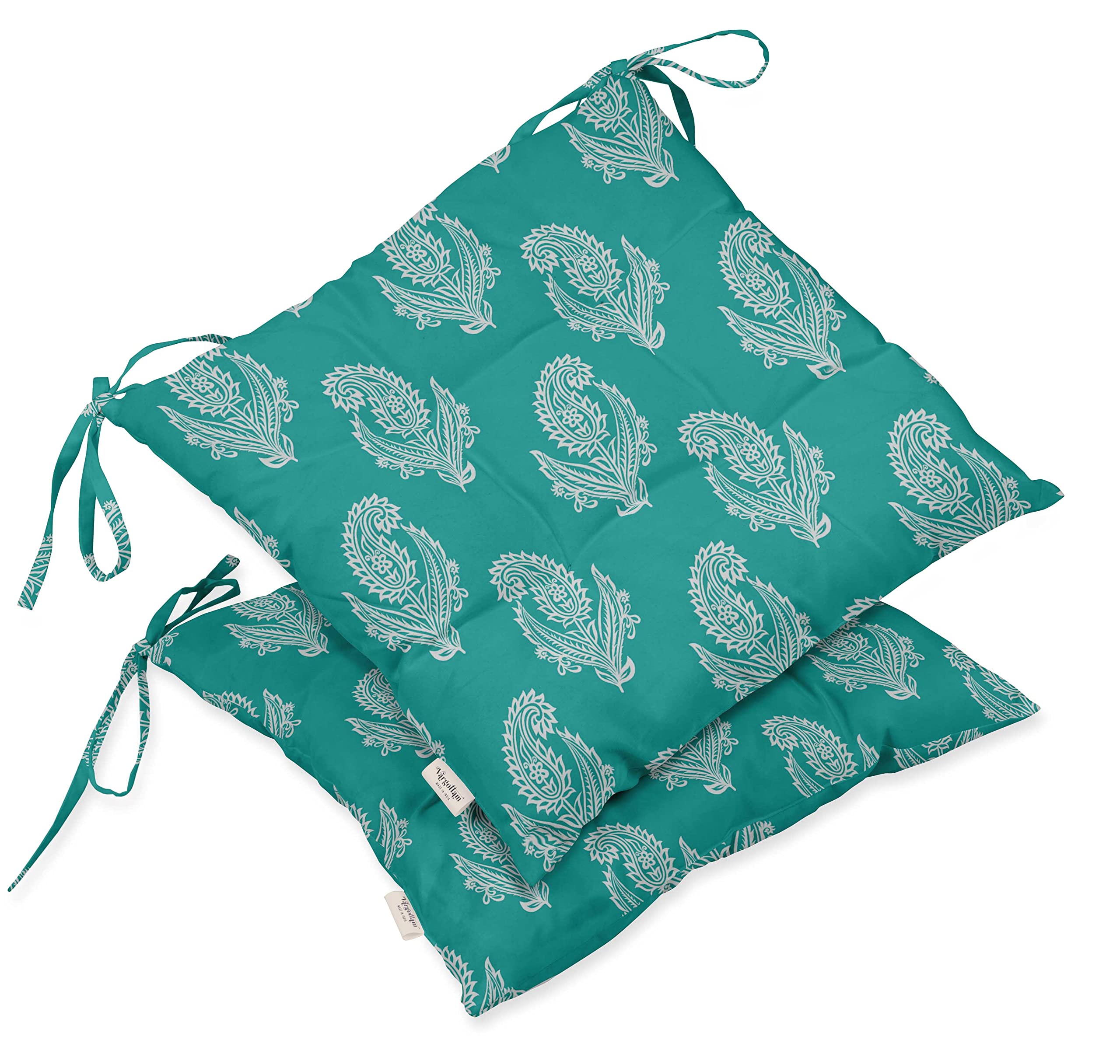 Water Resistant Indoor/Outdoor Tufted Square Patio Cushion Set of 2 - 19-inch Blue Asian Block Paisley Printed Seat Cushions for Garden, Balcony & Poolside Furniture
