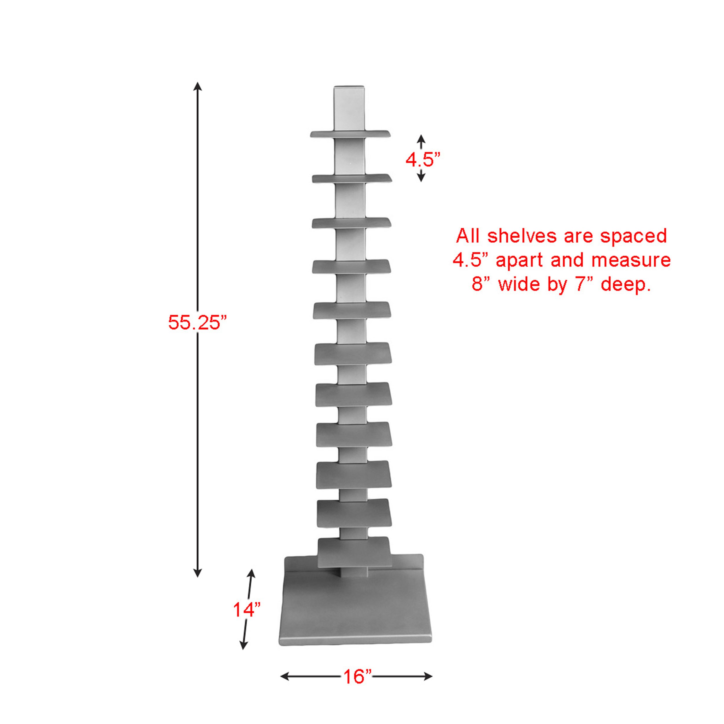 SEI Furniture 11-Shelf Metal Bookcase Tower, Silver - Modern Bookshelf for Home Office, Living Room & Library Storage