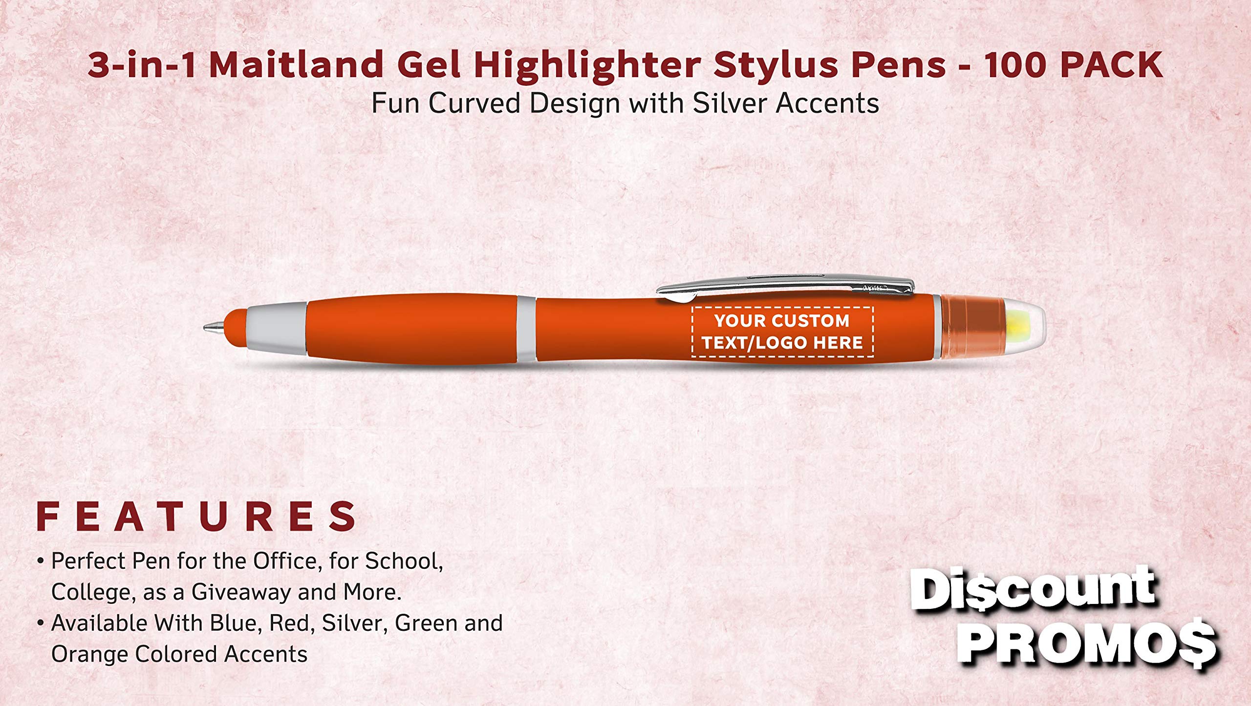 Personalized Smooth Writing Maitland Gel Highlighter Stylus Pens - 100 Pack Bulk Set - Custom Text & Logo - Orange Highlighters for Office, School, Note Taking & Book Marking